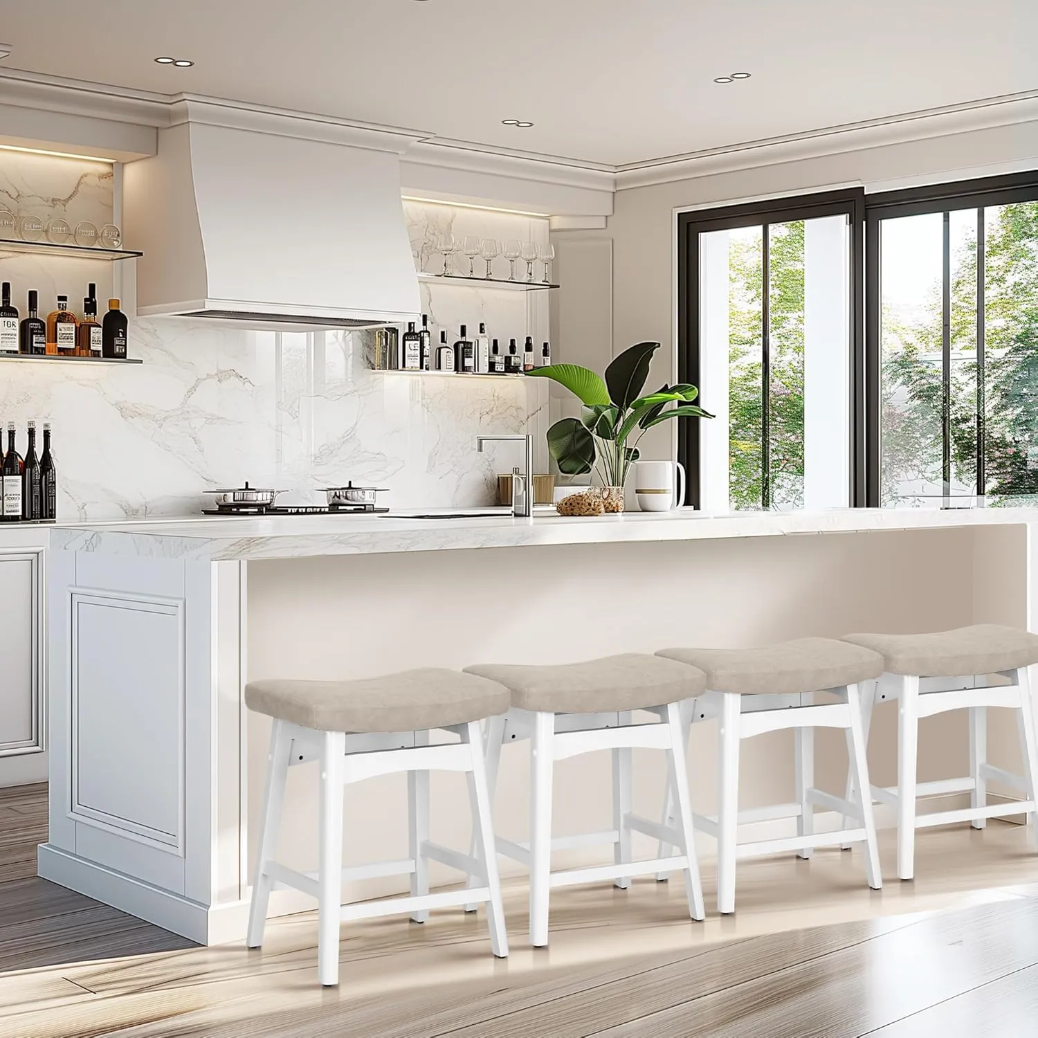 MAISON ARTS Beige Counter Height Bar Stools Set of 2 for Kitchen Counter Solid Wood Legs with Faux Leather Saddle Seat Farmhouse Barstools for 34"-38" Counter Island Upholstered Stools, 24in Height