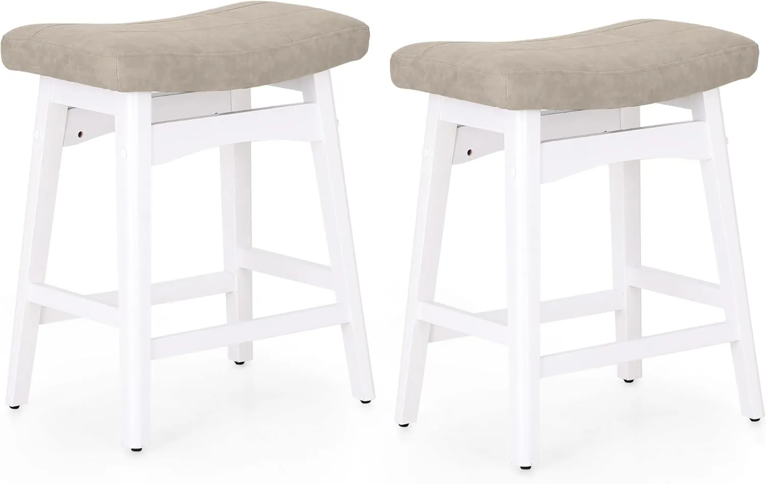 MAISON ARTS Beige Counter Height Bar Stools Set of 2 for Kitchen Counter Solid Wood Legs with Faux Leather Saddle Seat Farmhouse Barstools for 34"-38" Counter Island Upholstered Stools, 24in Height