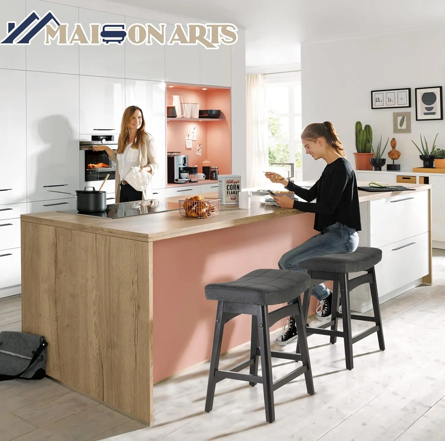 MAISON ARTS Black Counter Height Bar Stool for Kitchen Counter Solid Wood Legs with Faux Leather Saddle Seat Farmhouse Barstool for 34"-38" Counter Island Upholstered Stool, 24in Height, 1pc
