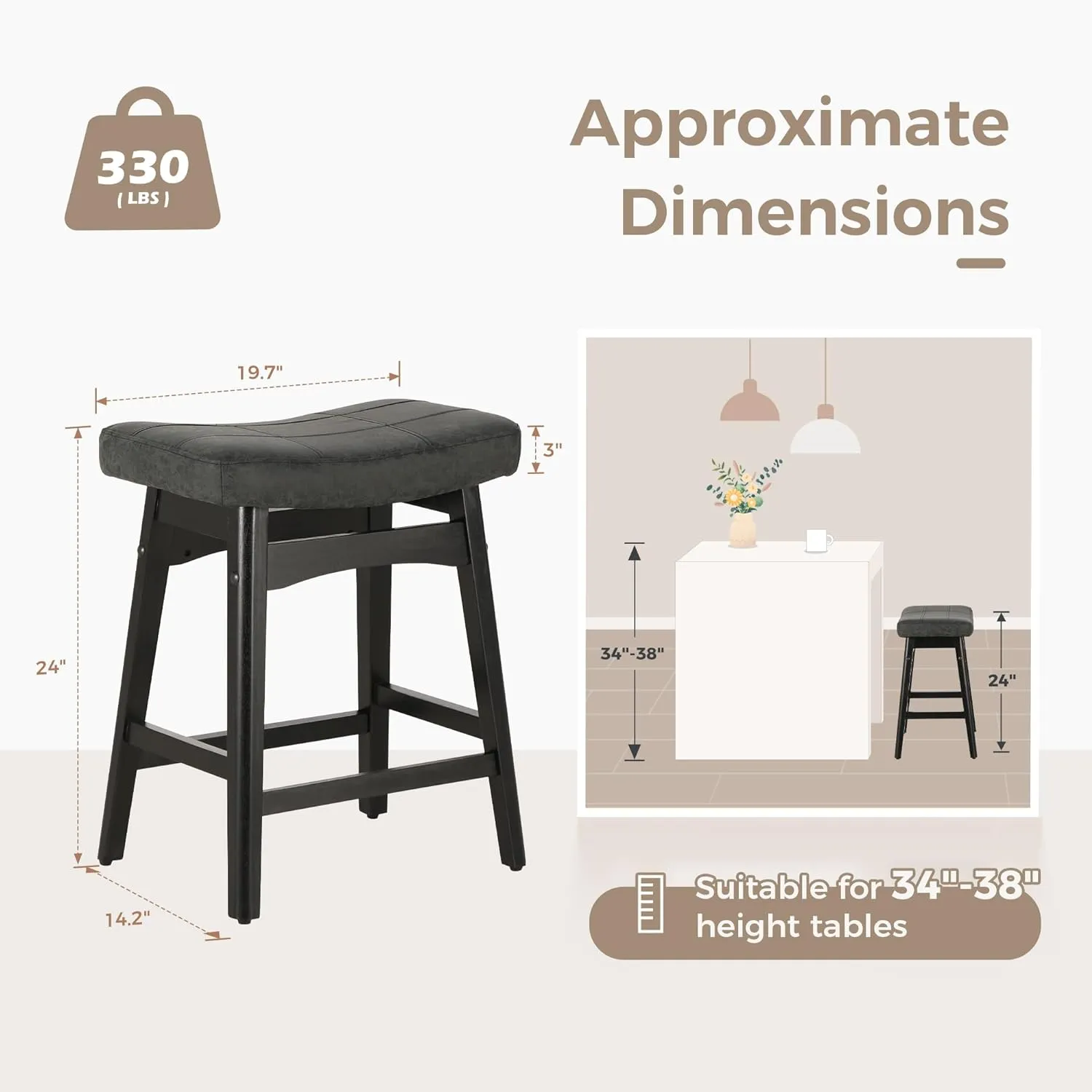 MAISON ARTS Black Counter Height Bar Stool for Kitchen Counter Solid Wood Legs with Faux Leather Saddle Seat Farmhouse Barstool for 34"-38" Counter Island Upholstered Stool, 24in Height, 1pc
