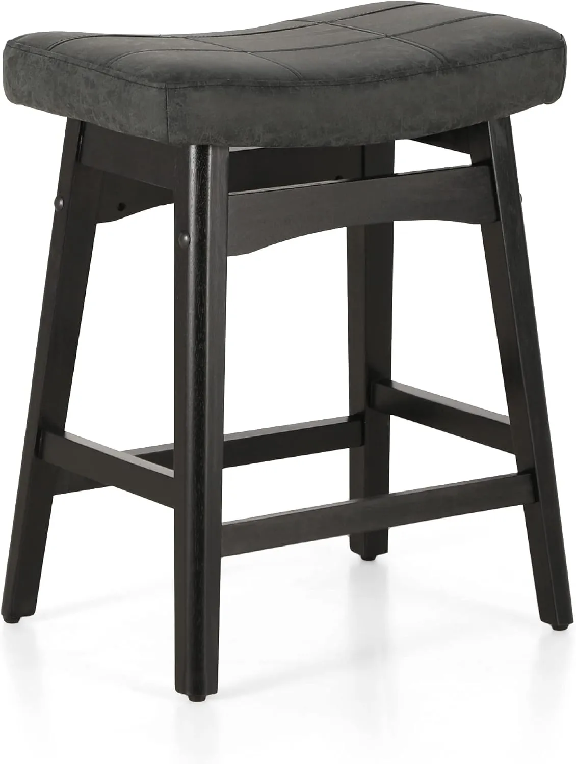 MAISON ARTS Black Counter Height Bar Stool for Kitchen Counter Solid Wood Legs with Faux Leather Saddle Seat Farmhouse Barstool for 34"-38" Counter Island Upholstered Stool, 24in Height, 1pc