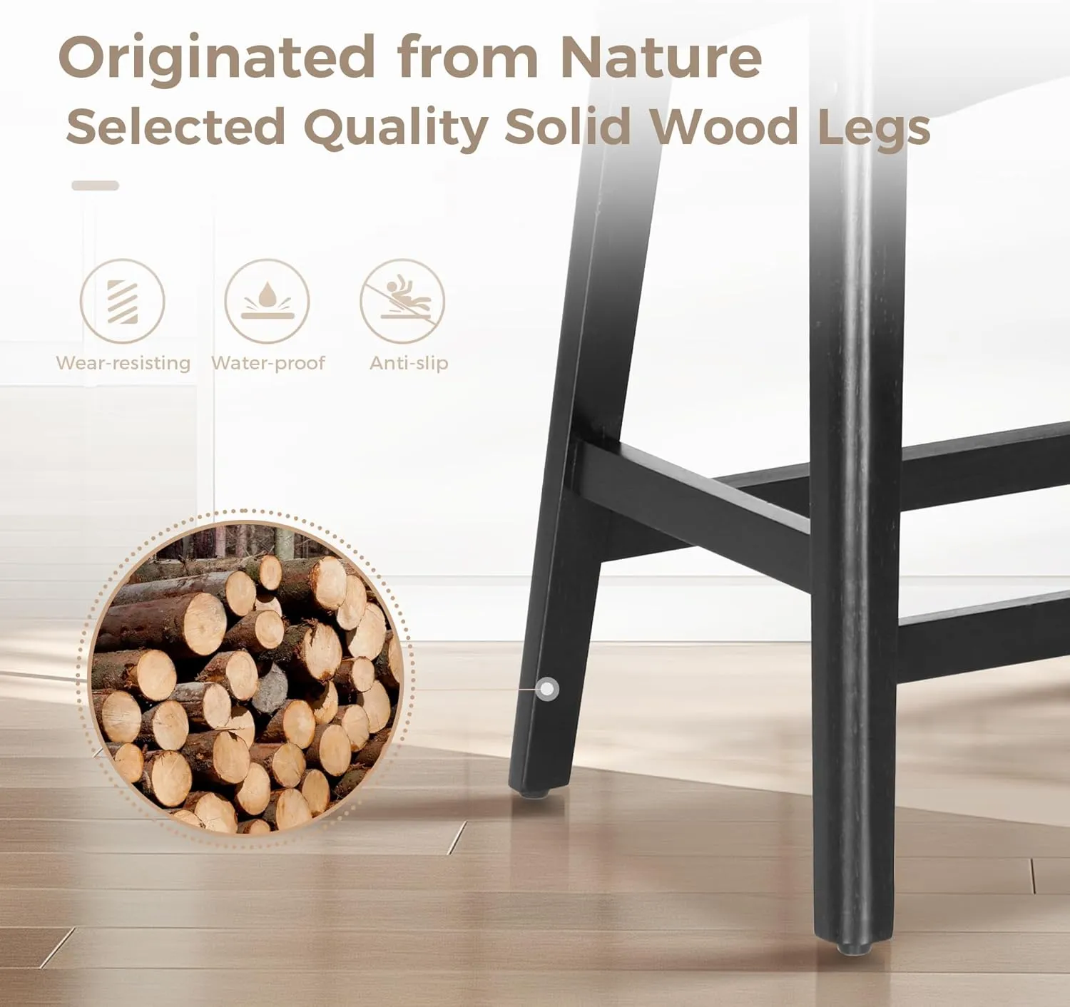 MAISON ARTS Black Counter Height Bar Stool for Kitchen Counter Solid Wood Legs with Faux Leather Saddle Seat Farmhouse Barstool for 34"-38" Counter Island Upholstered Stool, 24in Height, 1pc