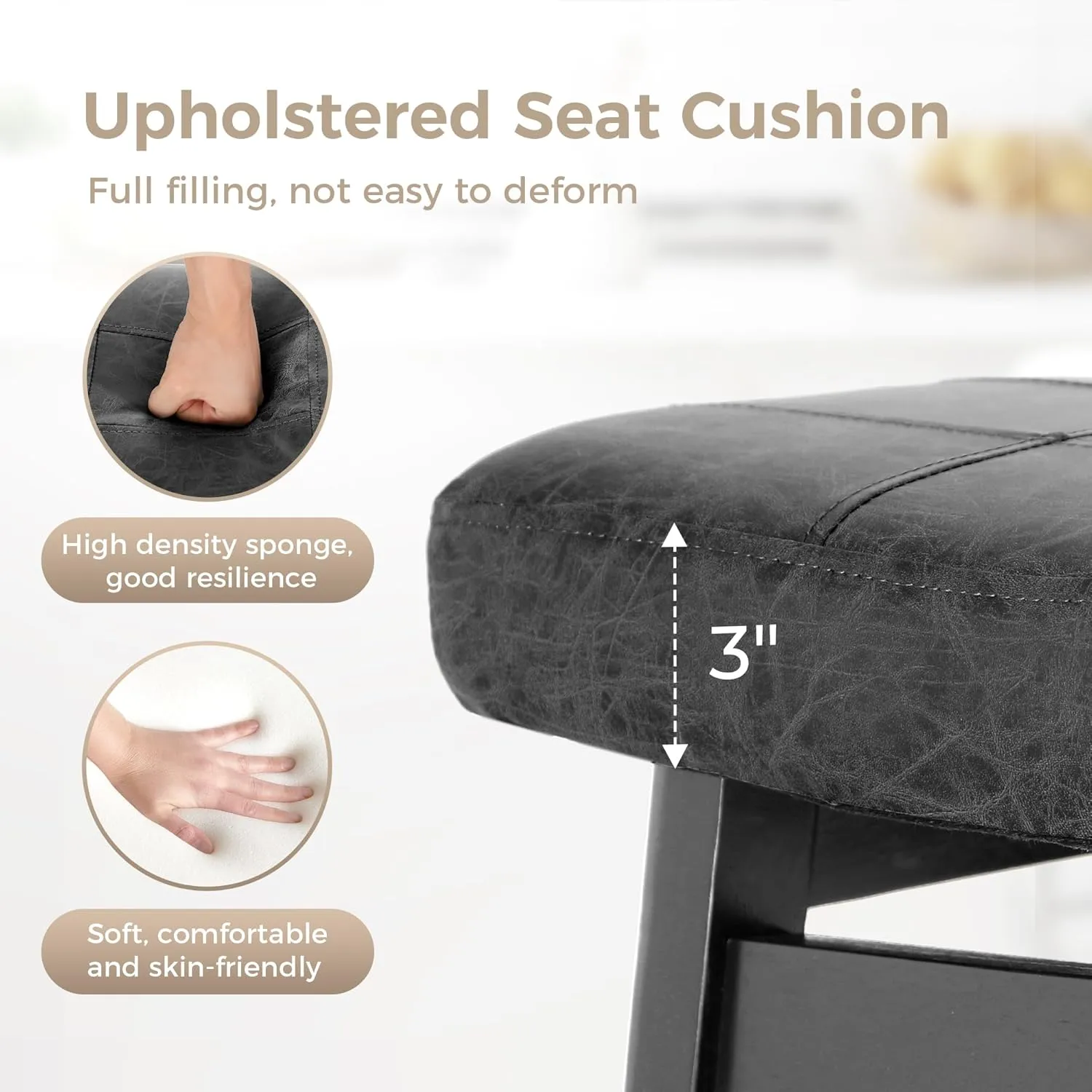 MAISON ARTS Black Counter Height Bar Stool for Kitchen Counter Solid Wood Legs with Faux Leather Saddle Seat Farmhouse Barstool for 34"-38" Counter Island Upholstered Stool, 24in Height, 1pc