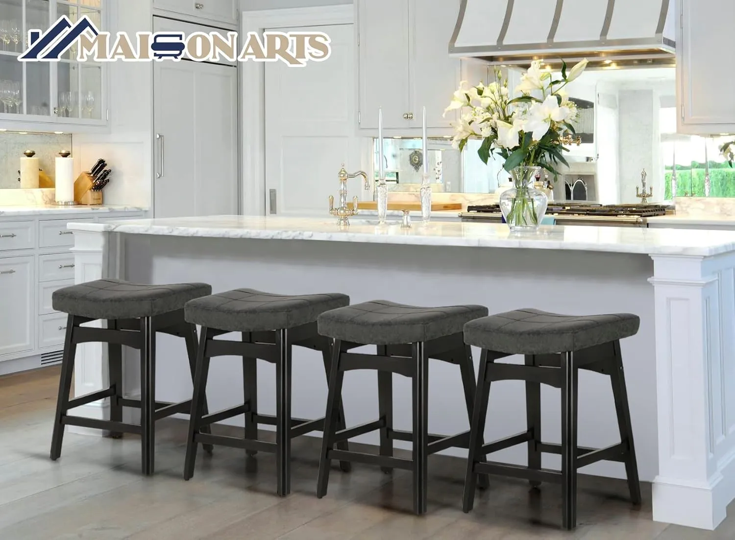 MAISON ARTS Black Counter Height Bar Stool for Kitchen Counter Solid Wood Legs with Faux Leather Saddle Seat Farmhouse Barstool for 34"-38" Counter Island Upholstered Stool, 24in Height, 1pc