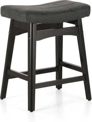 MAISON ARTS Black Counter Height Bar Stool for Kitchen Counter Solid Wood Legs with Faux Leather Saddle Seat Farmhouse Barstool for 34"-38" Counter Island Upholstered Stool, 24in Height, 1pc