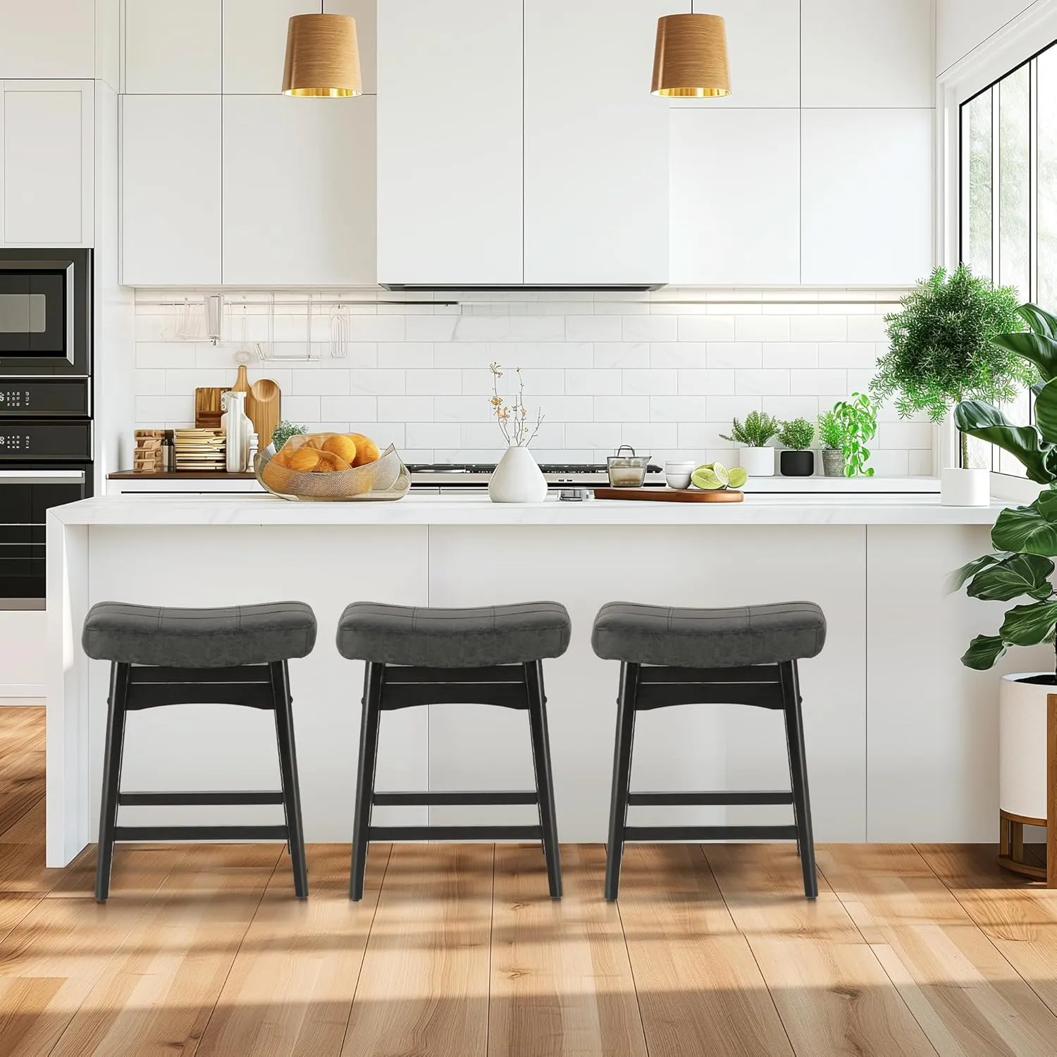 MAISON ARTS Black Counter Height Bar Stool for Kitchen Counter Solid Wood Legs with Faux Leather Saddle Seat Farmhouse Barstool for 34"-38" Counter Island Upholstered Stool, 24in Height, 1pc