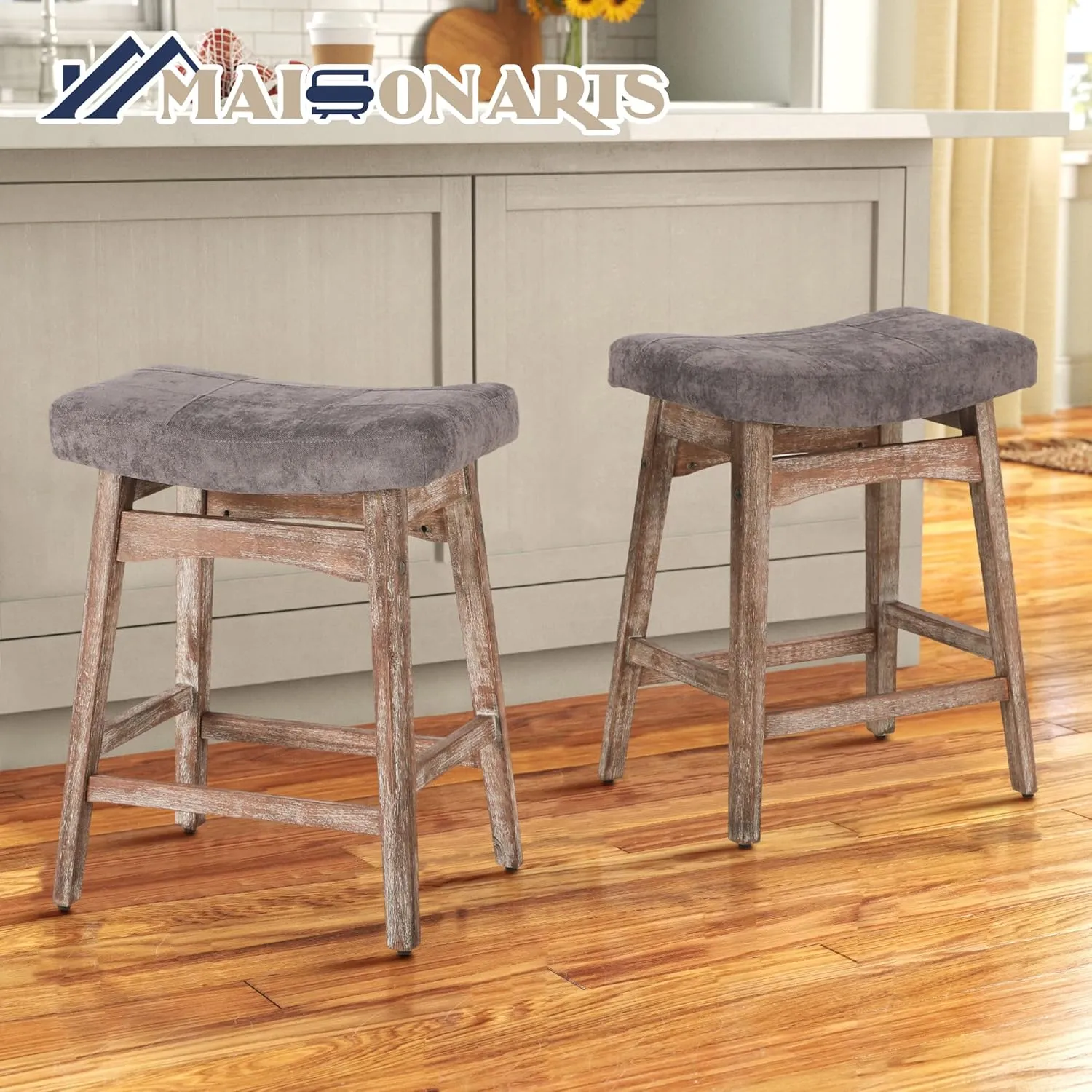 MAISON ARTS Counter Height Bar Stool for Kitchen Counter Solid Wood Legs with Fabric Saddle Seat Farmhouse Barstool for 34"-38" Counter Island Upholstered Stool, 24in, Grey Cushion,1pc