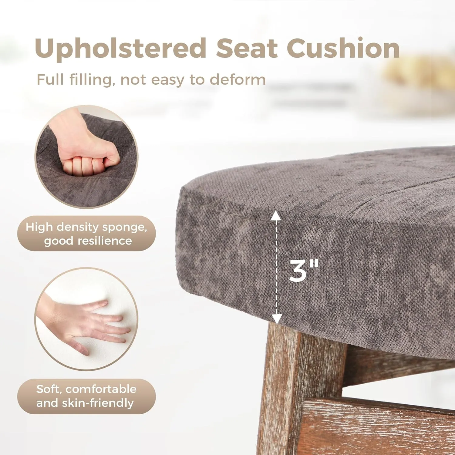 MAISON ARTS Counter Height Bar Stool for Kitchen Counter Solid Wood Legs with Fabric Saddle Seat Farmhouse Barstool for 34"-38" Counter Island Upholstered Stool, 24in, Grey Cushion,1pc
