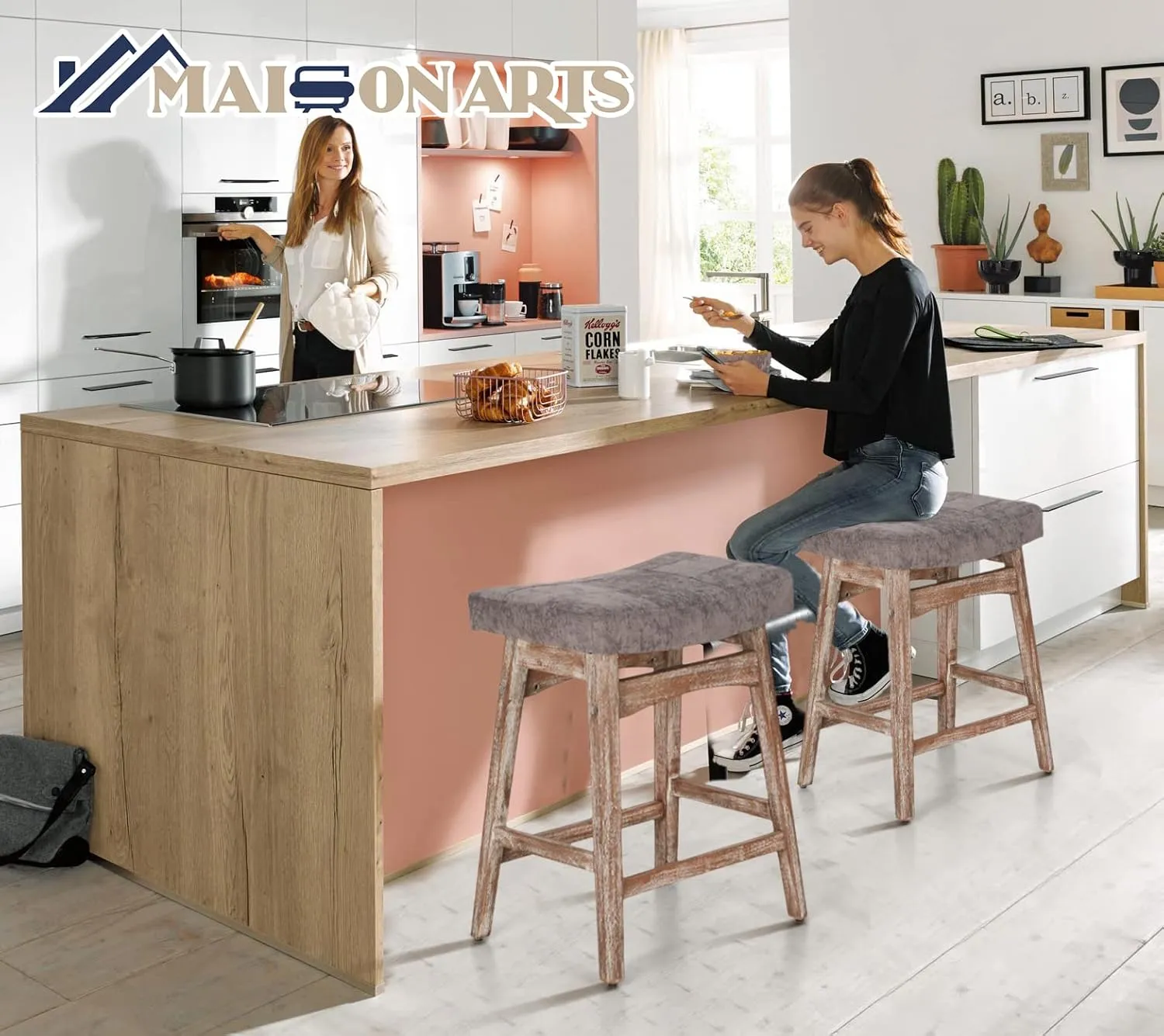 MAISON ARTS Counter Height Bar Stool for Kitchen Counter Solid Wood Legs with Fabric Saddle Seat Farmhouse Barstool for 34"-38" Counter Island Upholstered Stool, 24in, Grey Cushion,1pc