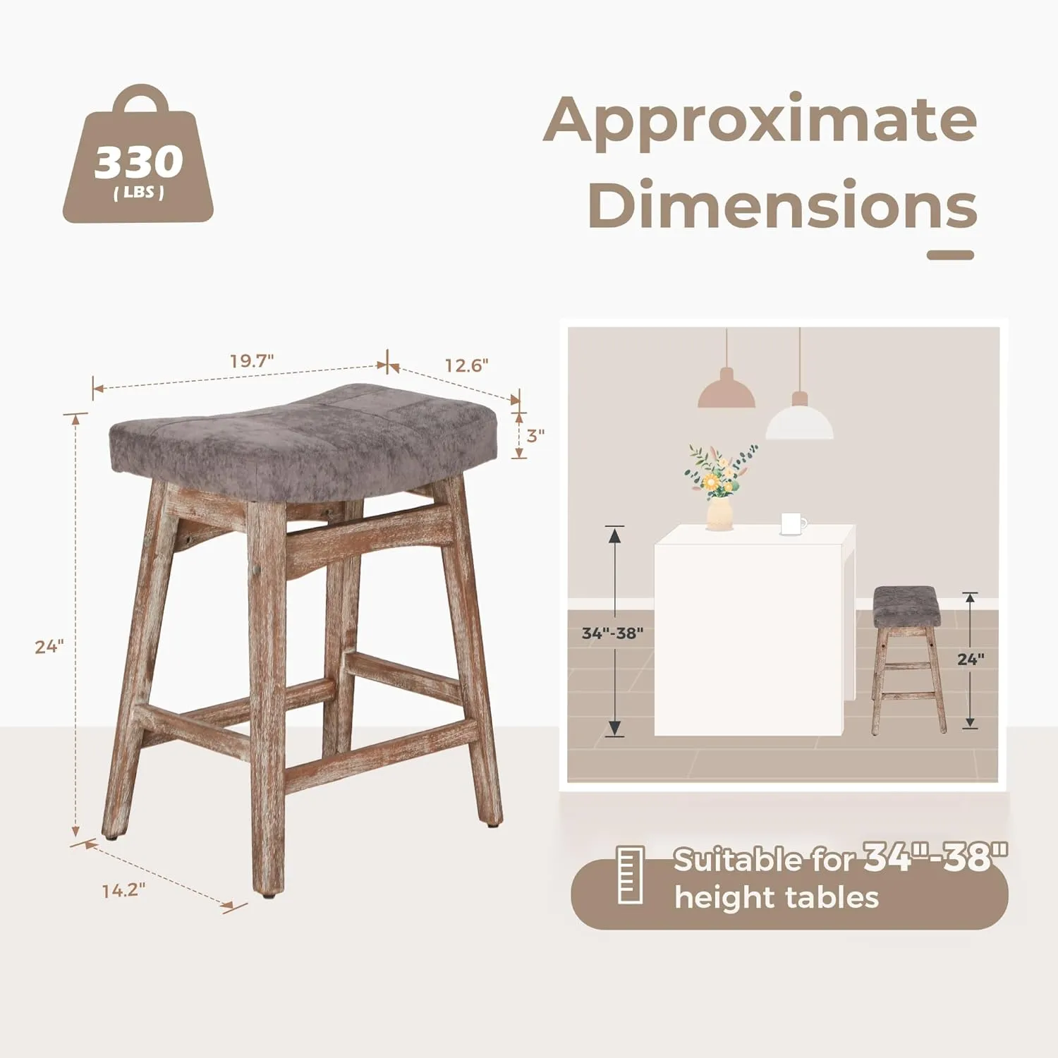 MAISON ARTS Counter Height Bar Stool for Kitchen Counter Solid Wood Legs with Fabric Saddle Seat Farmhouse Barstool for 34"-38" Counter Island Upholstered Stool, 24in, Grey Cushion,1pc