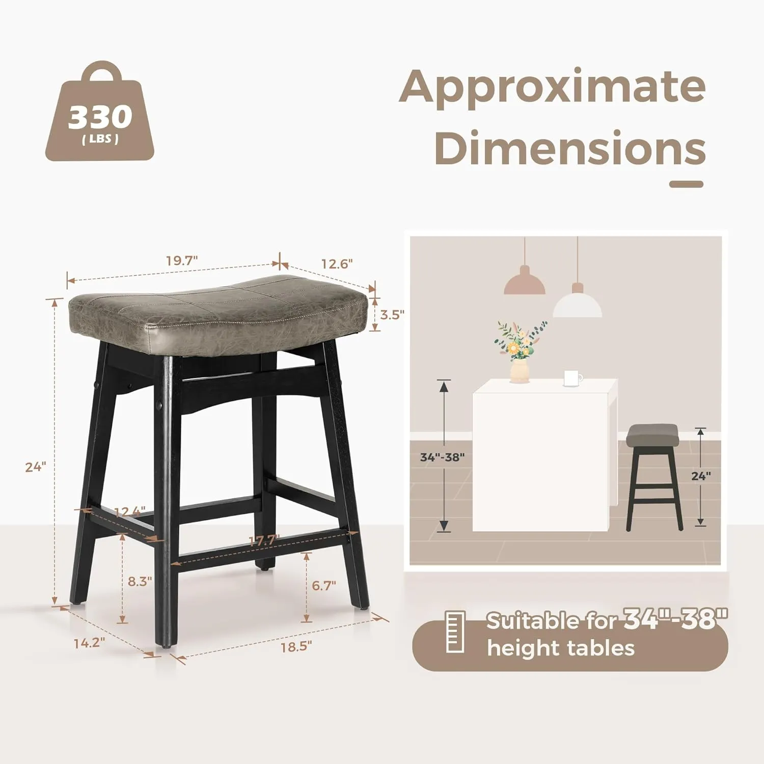 MAISON ARTS Grey Counter Height Bar Stool for Kitchen Counter Solid Wood Legs with Faux Leather Saddle Seat Farmhouse Barstool for 34"-38" Counter Island Upholstered Stool, 24in Height, 1pc