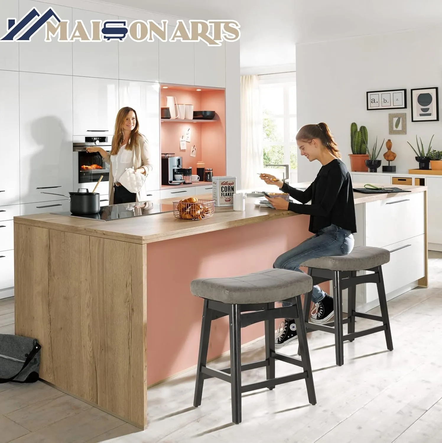 MAISON ARTS Grey Counter Height Bar Stool for Kitchen Counter Solid Wood Legs with Faux Leather Saddle Seat Farmhouse Barstool for 34"-38" Counter Island Upholstered Stool, 24in Height, 1pc
