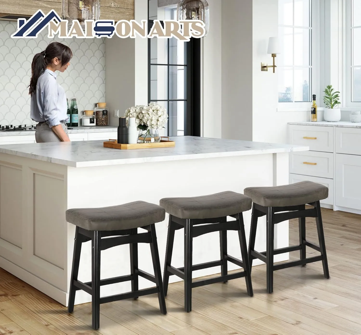 MAISON ARTS Grey Counter Height Bar Stool for Kitchen Counter Solid Wood Legs with Faux Leather Saddle Seat Farmhouse Barstool for 34"-38" Counter Island Upholstered Stool, 24in Height, 1pc
