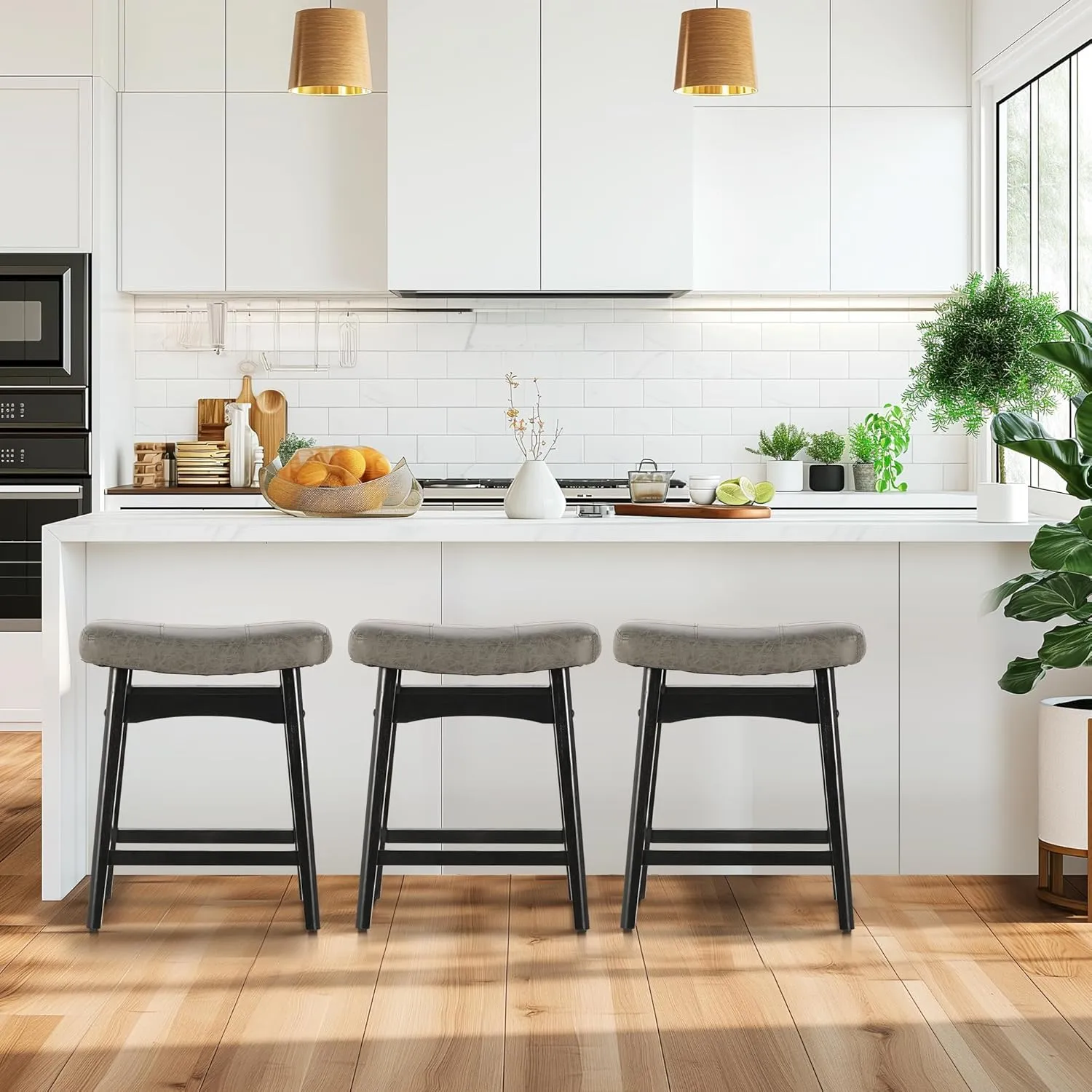 MAISON ARTS Grey Counter Height Bar Stool for Kitchen Counter Solid Wood Legs with Faux Leather Saddle Seat Farmhouse Barstool for 34"-38" Counter Island Upholstered Stool, 24in Height, 1pc