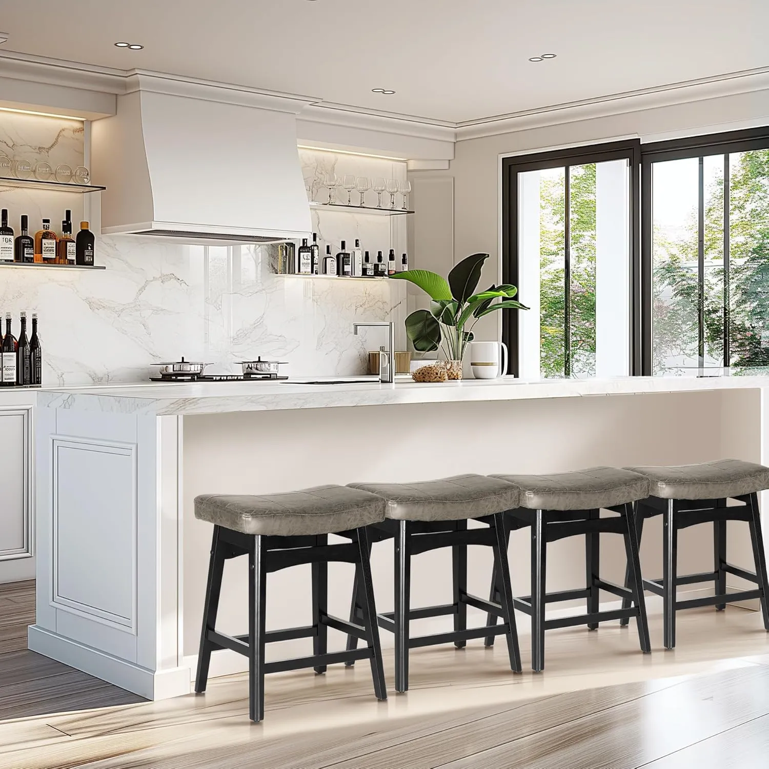 MAISON ARTS Grey Counter Height Bar Stool for Kitchen Counter Solid Wood Legs with Faux Leather Saddle Seat Farmhouse Barstool for 34"-38" Counter Island Upholstered Stool, 24in Height, 1pc