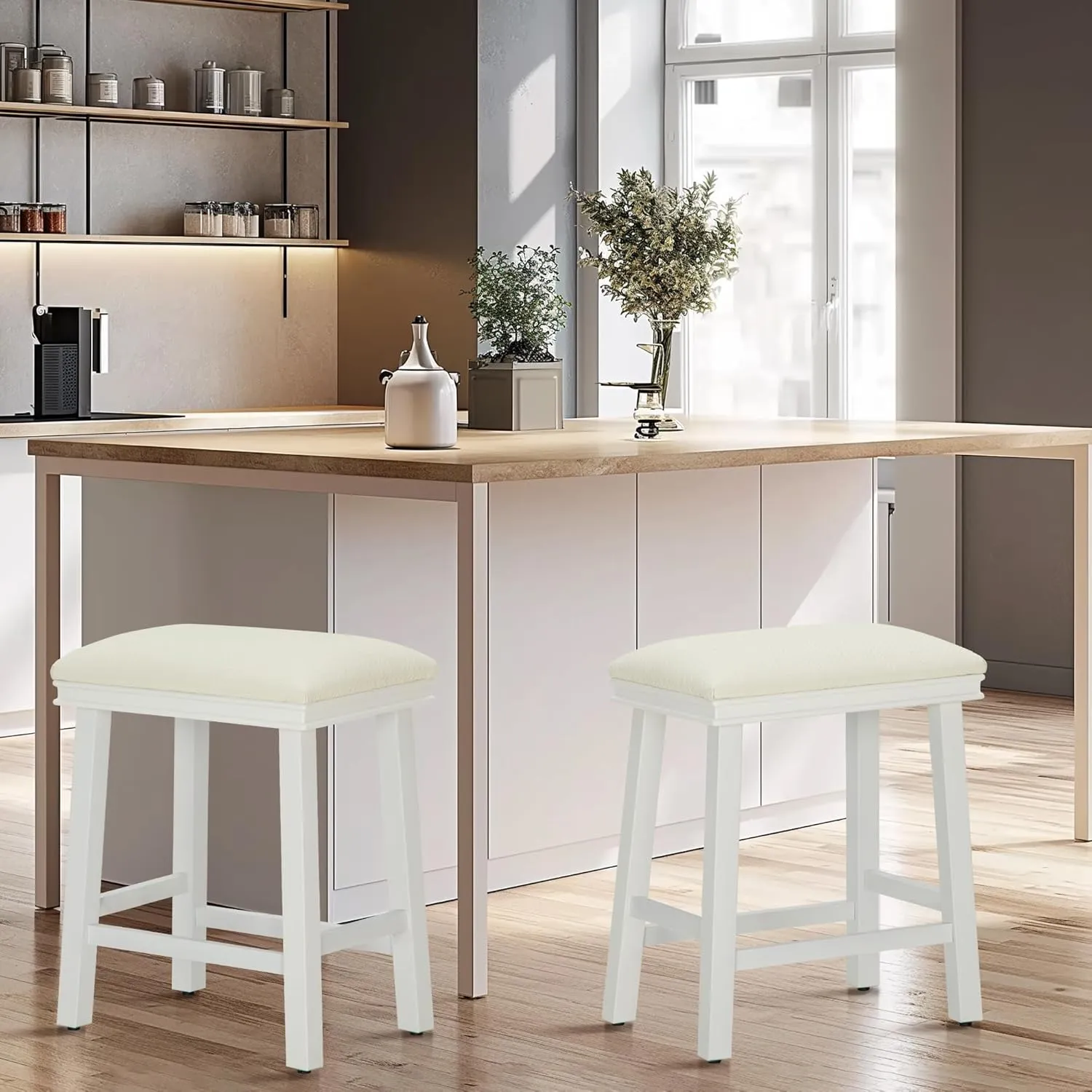 MAISON ARTS White Counter Height 24 inch Bar Stools Set of 4 for Kitchen Counter Solid Wood Legs with Faux Leather Padded Seat Farmhouse Barstools for 34"-38" Counter Island Upholstered Stools