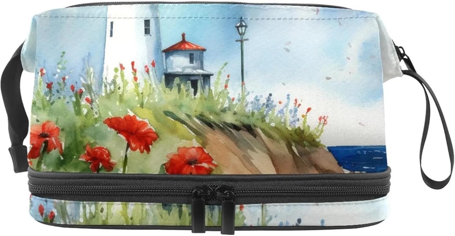Makeup Bag Small,Makeup Travel Bag,Flower Bush Summer Lighthouse,Makeup Organizer Bag
