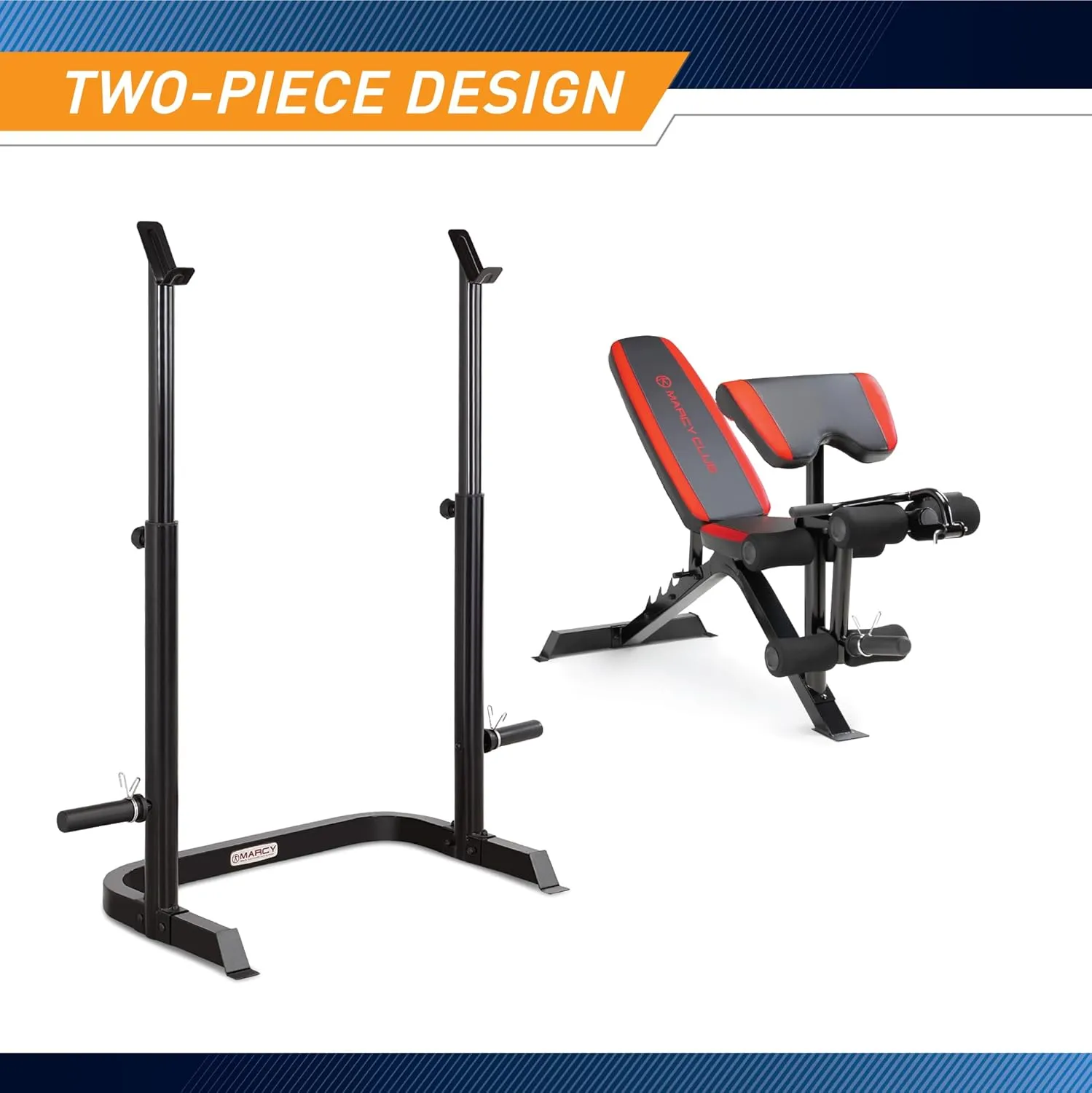 Marcy Olympic Workout Bench for Home Gym Strength Training Equipment with Preacher Curl Pad and Weight Rack Storage, White/Black