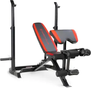 Marcy Olympic Workout Bench for Home Gym Strength Training Equipment with Preacher Curl Pad and Weight Rack Storage, White/Black