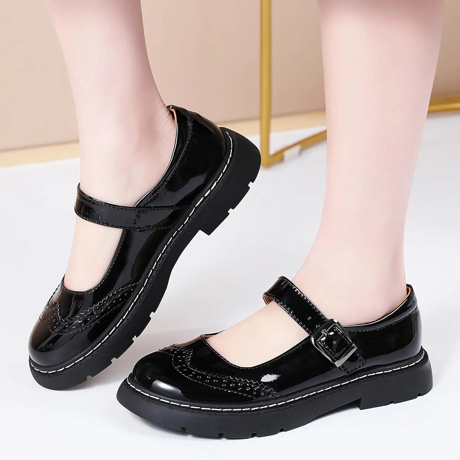 Mary Jane Shoes Women Platform Non-Slip Classics Round Toe Ankle Strap Brogues Style Comfort Casual Oxford Dress Work Mary Jane Flat Shoes