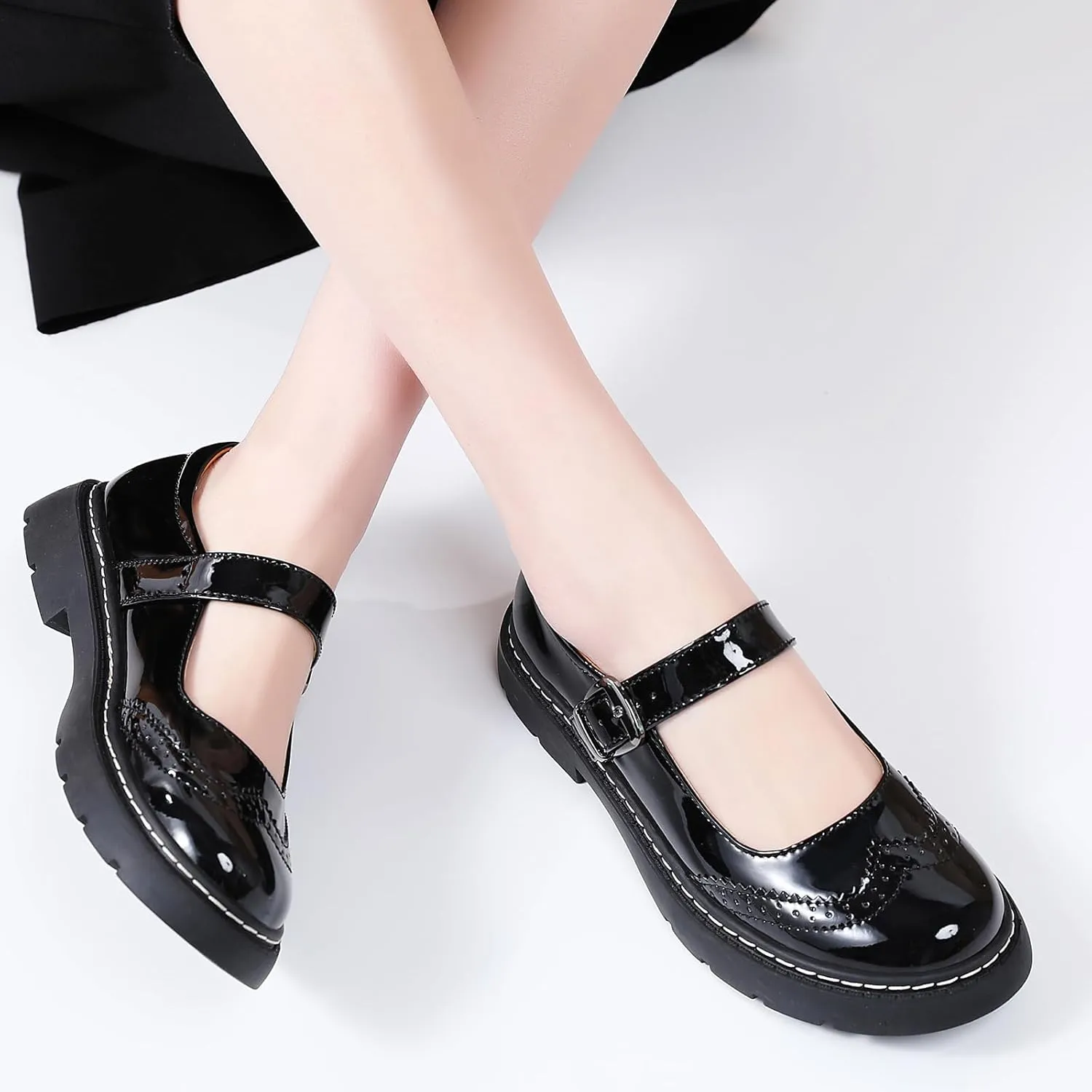 Mary Jane Shoes Women Platform Non-Slip Classics Round Toe Ankle Strap Brogues Style Comfort Casual Oxford Dress Work Mary Jane Flat Shoes