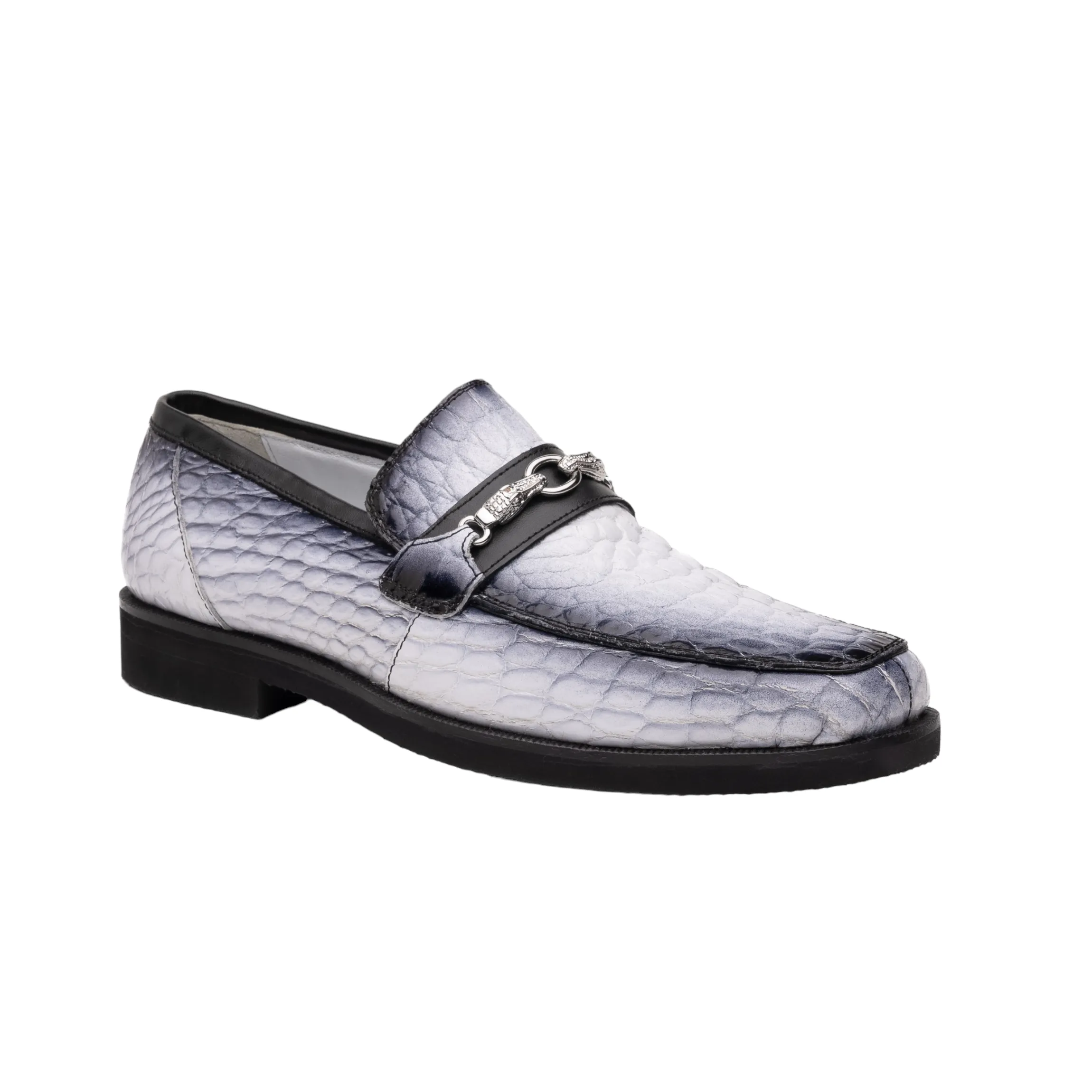 Mauri Debonair in White / Dirty Black Mens Exotic Alligator / Nappa Leather Horsebit Loafers