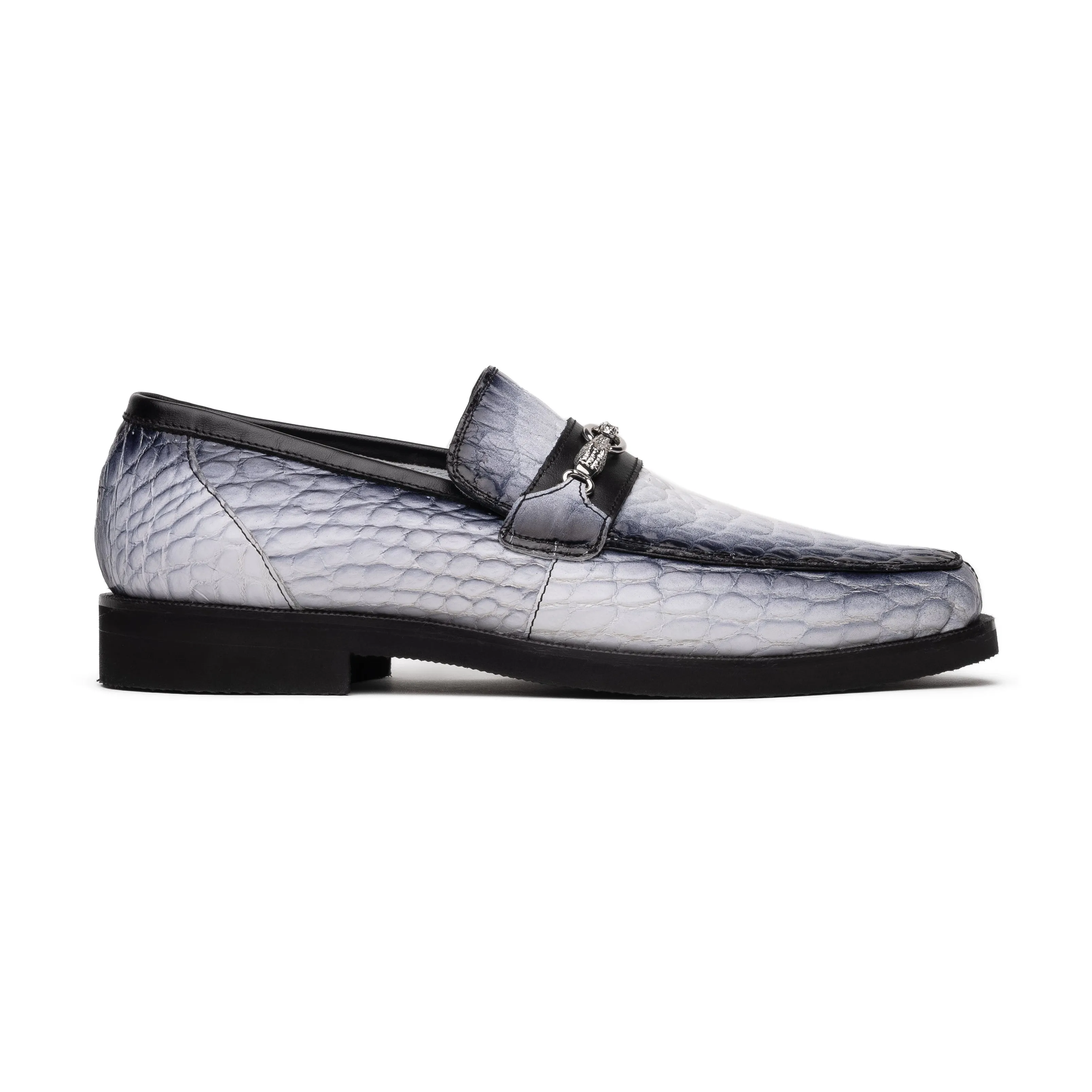 Mauri Debonair in White / Dirty Black Mens Exotic Alligator / Nappa Leather Horsebit Loafers
