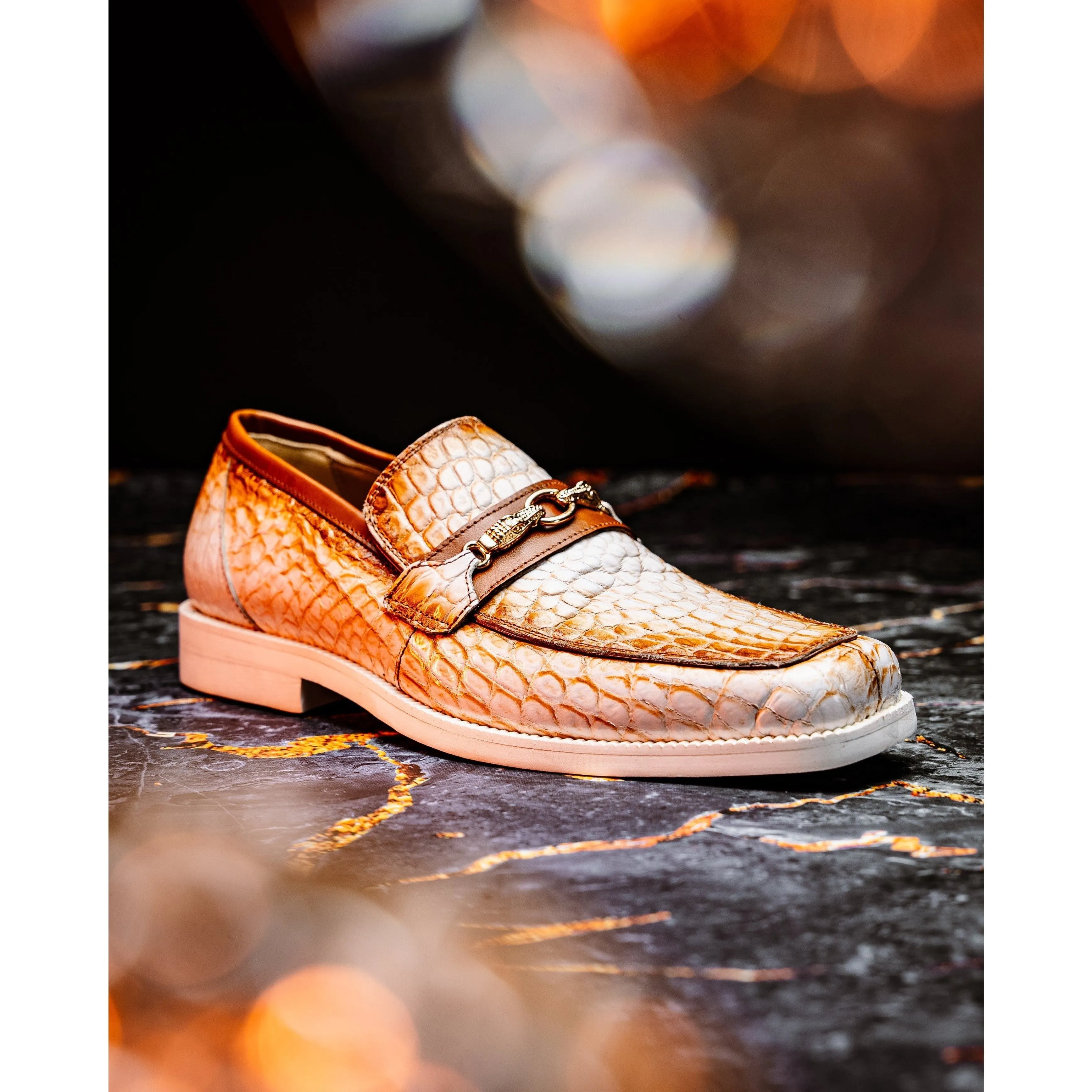Mauri Debonair in White / Dirty Cognac Mens Exotic Alligator / Nappa Leather Horsebit Loafers