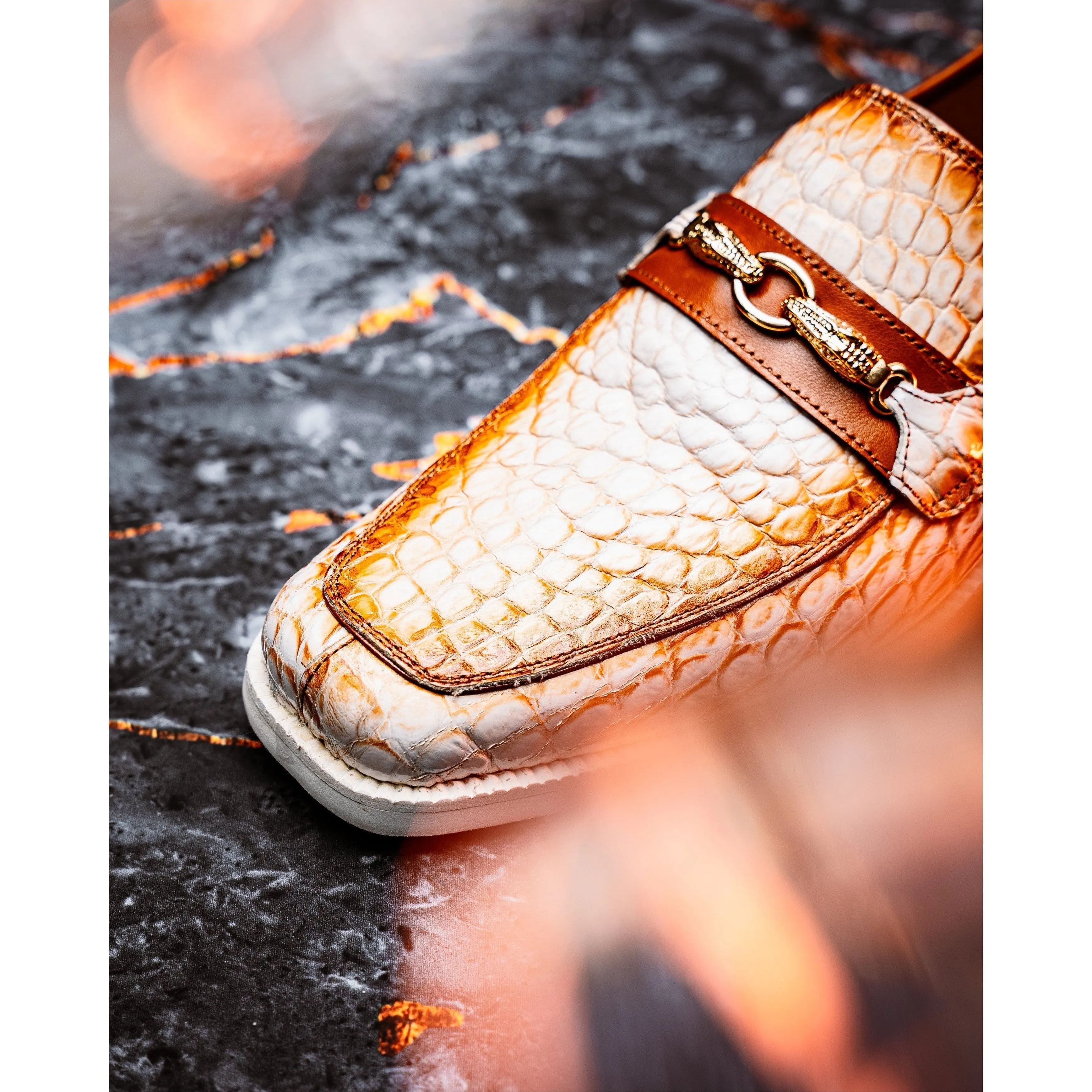 Mauri Debonair in White / Dirty Cognac Mens Exotic Alligator / Nappa Leather Horsebit Loafers