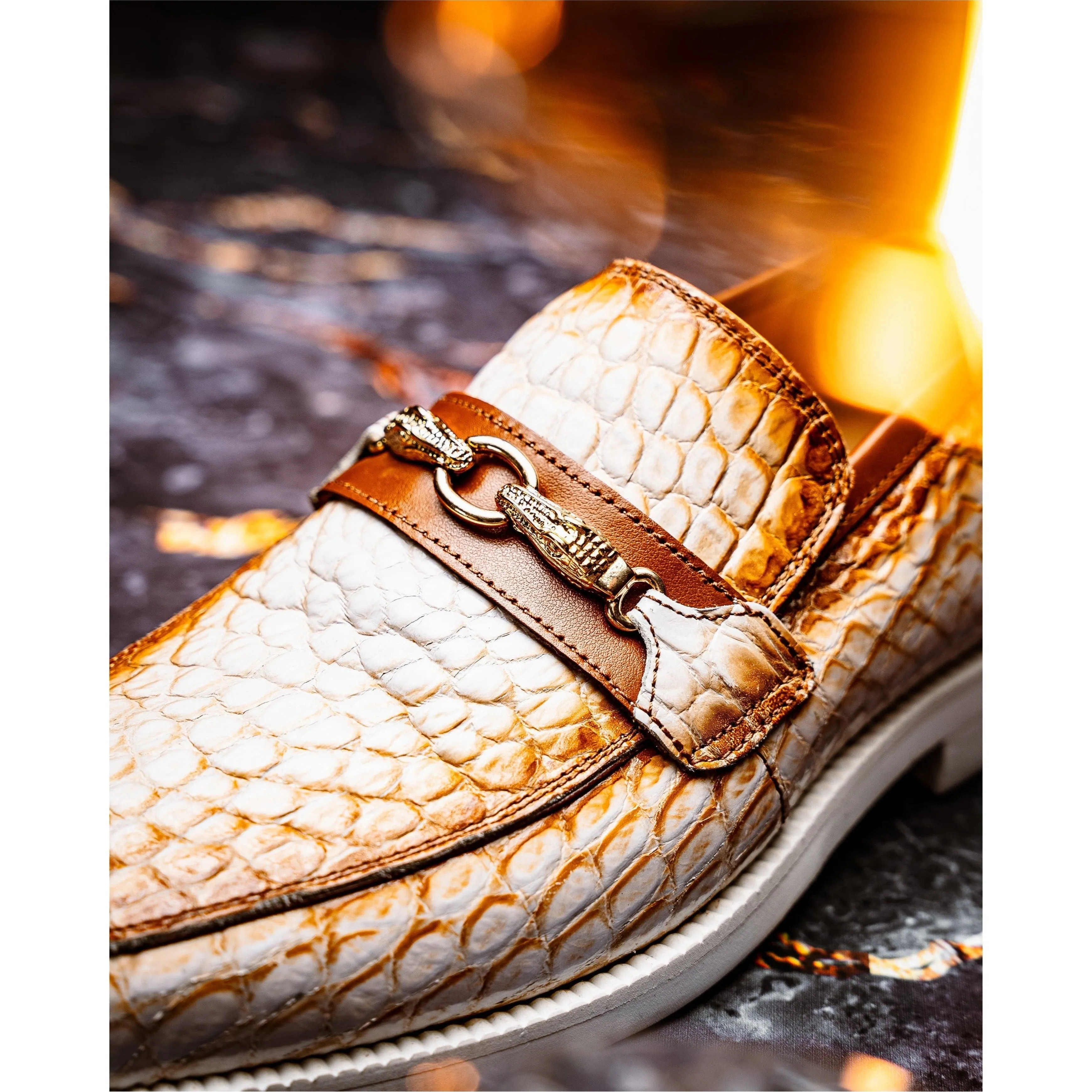 Mauri Debonair in White / Dirty Cognac Mens Exotic Alligator / Nappa Leather Horsebit Loafers