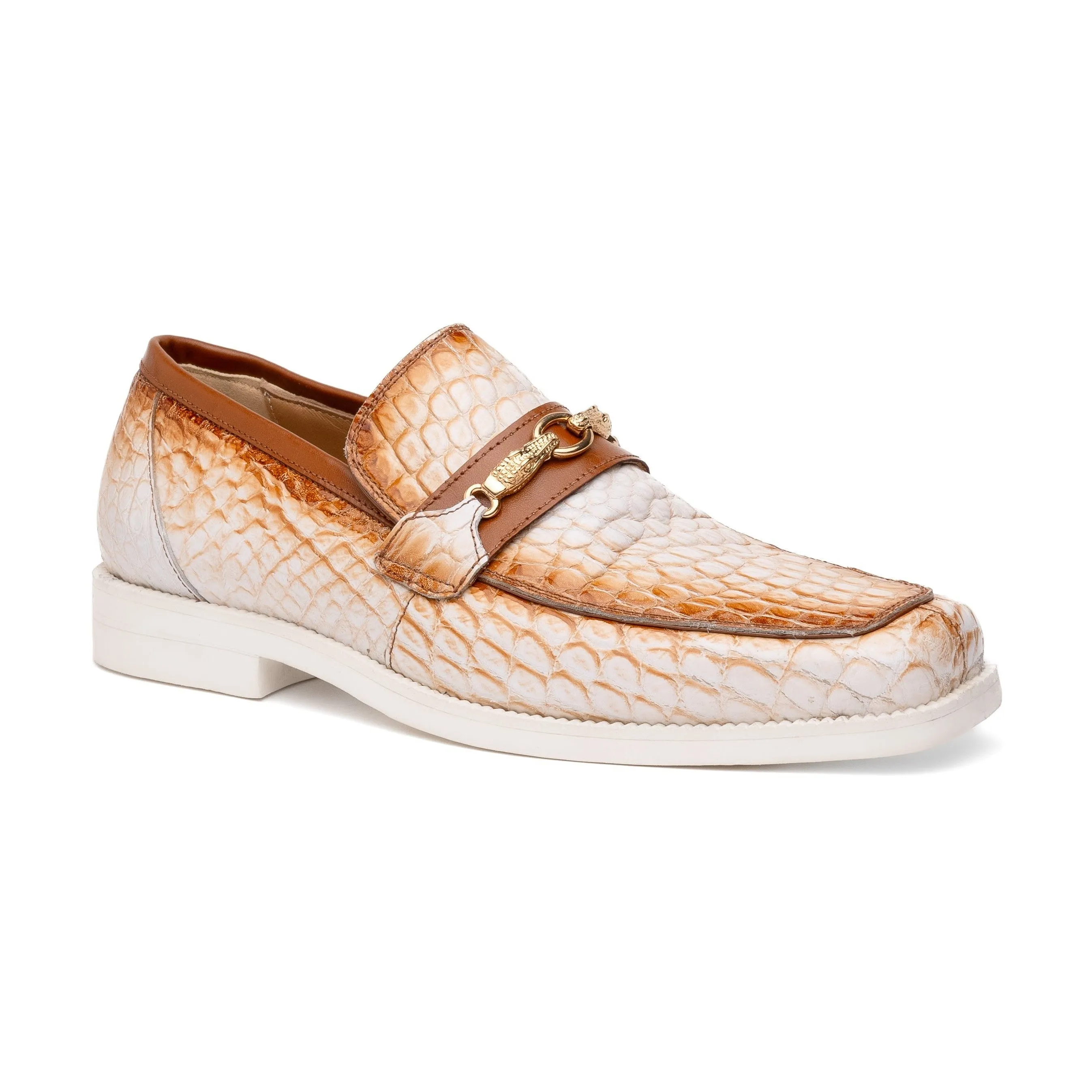 Mauri Debonair in White / Dirty Cognac Mens Exotic Alligator / Nappa Leather Horsebit Loafers