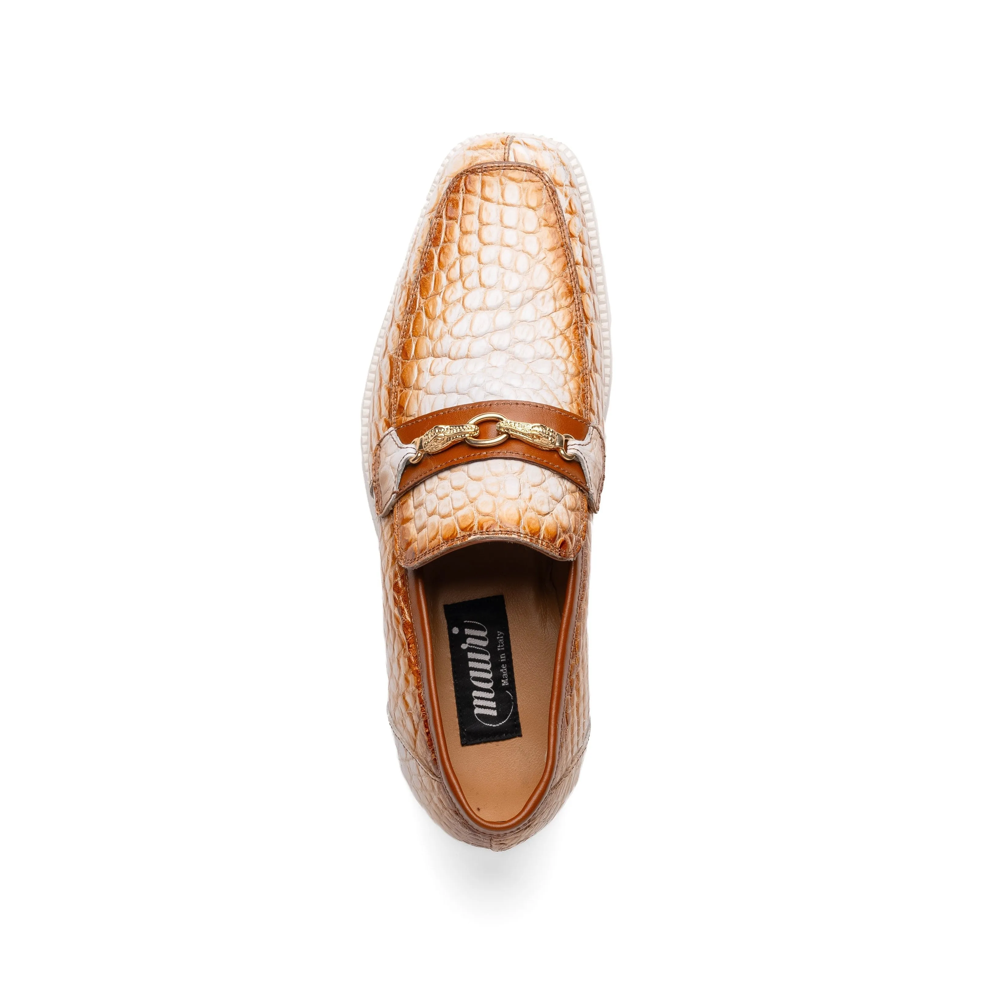 Mauri Debonair in White / Dirty Cognac Mens Exotic Alligator / Nappa Leather Horsebit Loafers