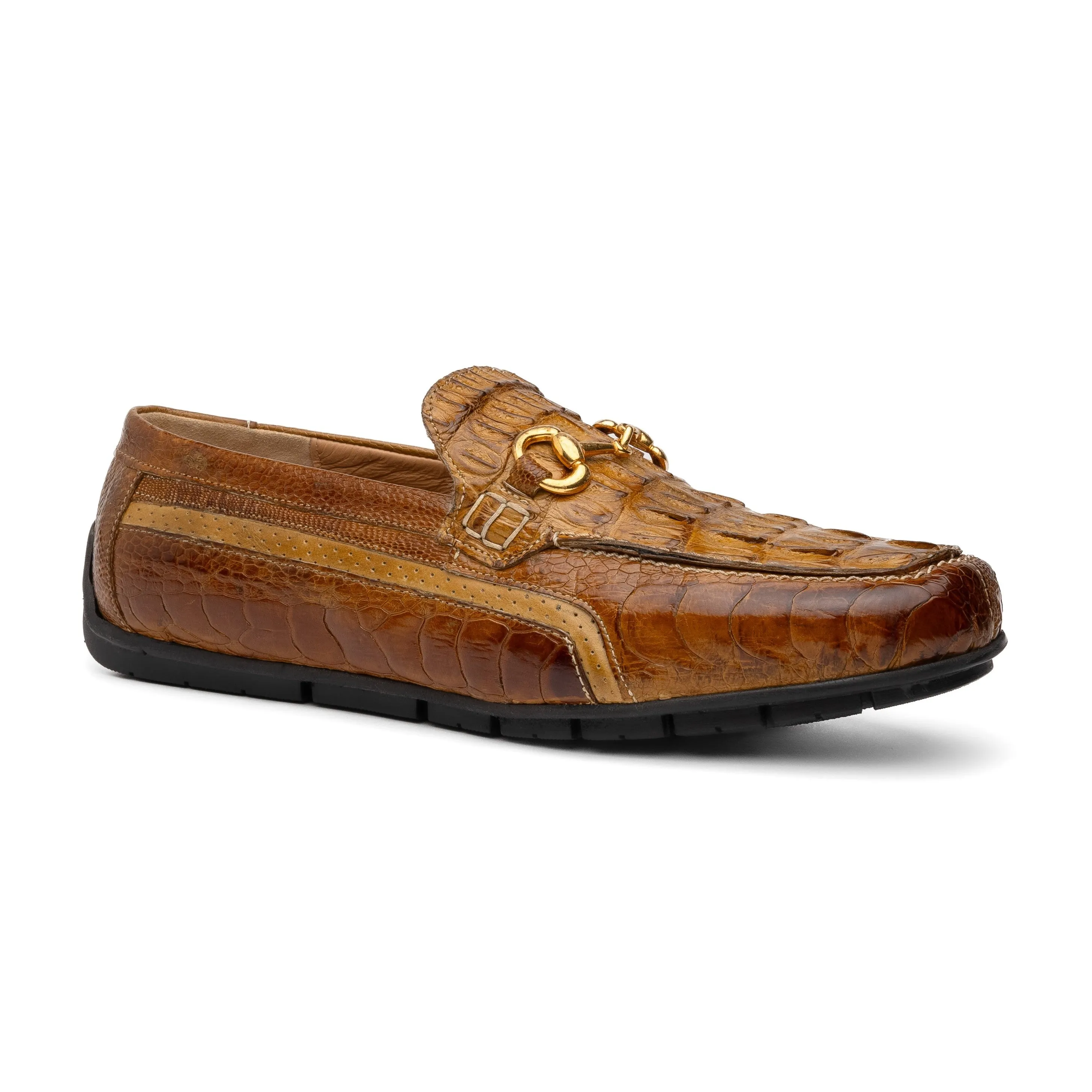 Mauri Polo in Mustard Mens Exotic Hornback / Ostrich Leg / Calf-Skin Leather Moccasin Driver Horsebit Loafers