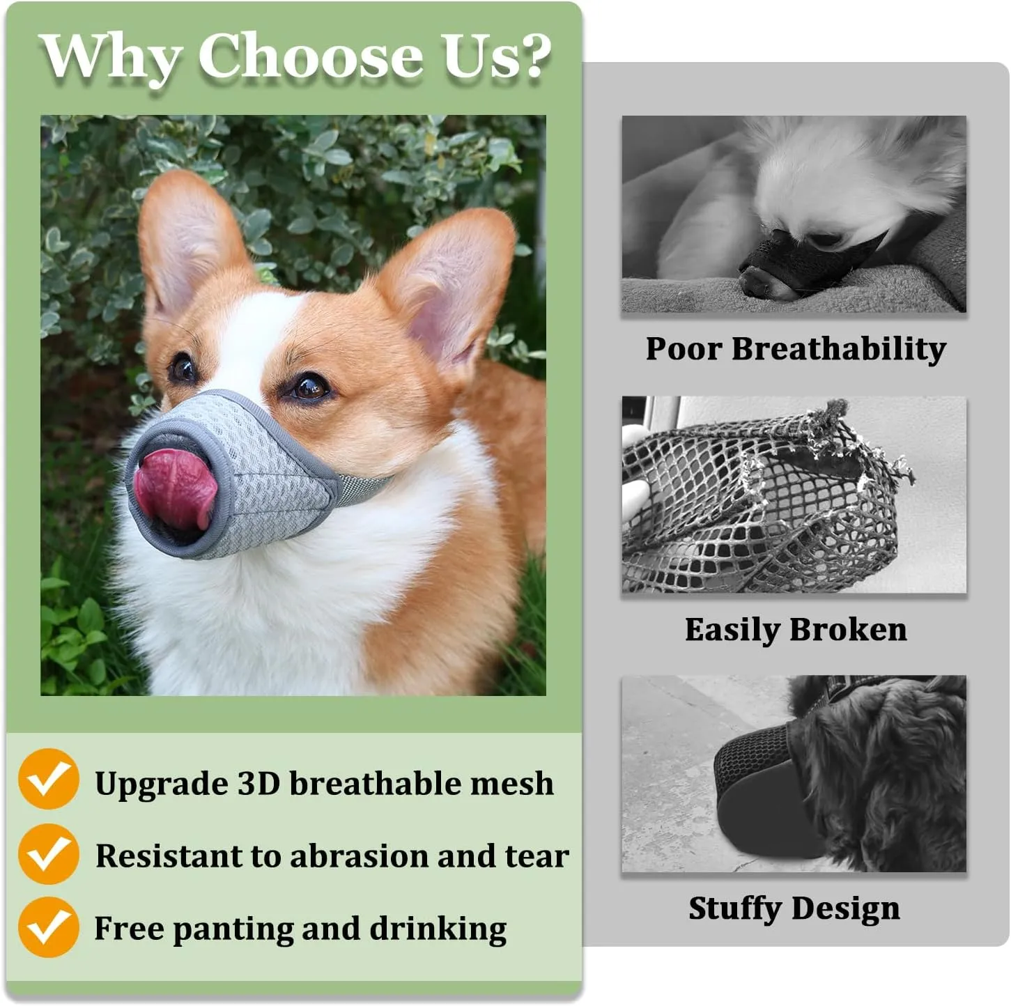 Mayerzon Dog Muzzle, Puppy Soft Mesh Muzzle for Small Medium Large Dogs Chihuahua Poodles Beagle Dachshund Corgis Labrador for Biting Chewing Grooming That Allows Panting Drinking(L, Grey)