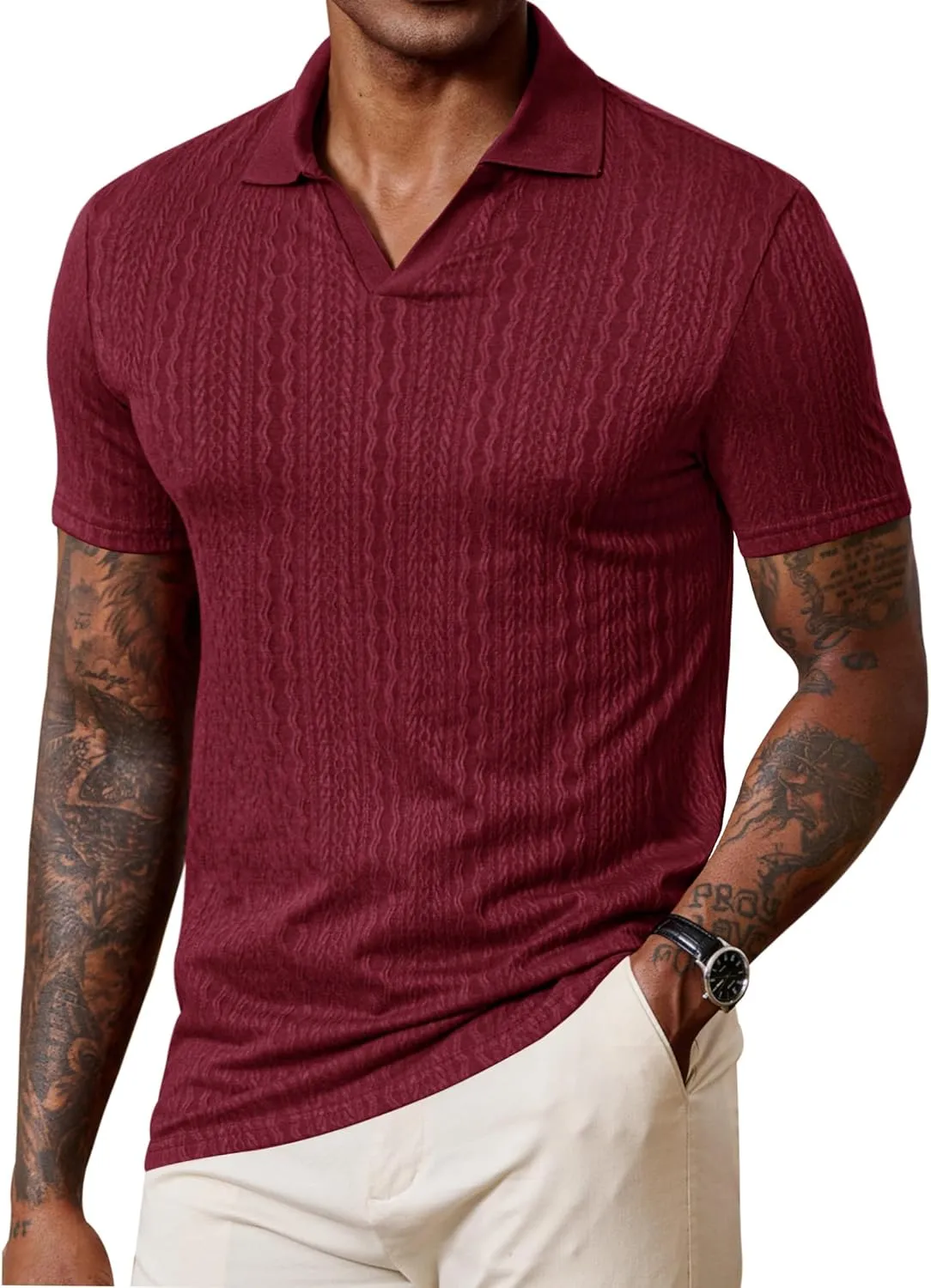 Men Johnny Collar Textured Polo Shirt Cable Knit Stretch Casual Shirts (S-XXL)