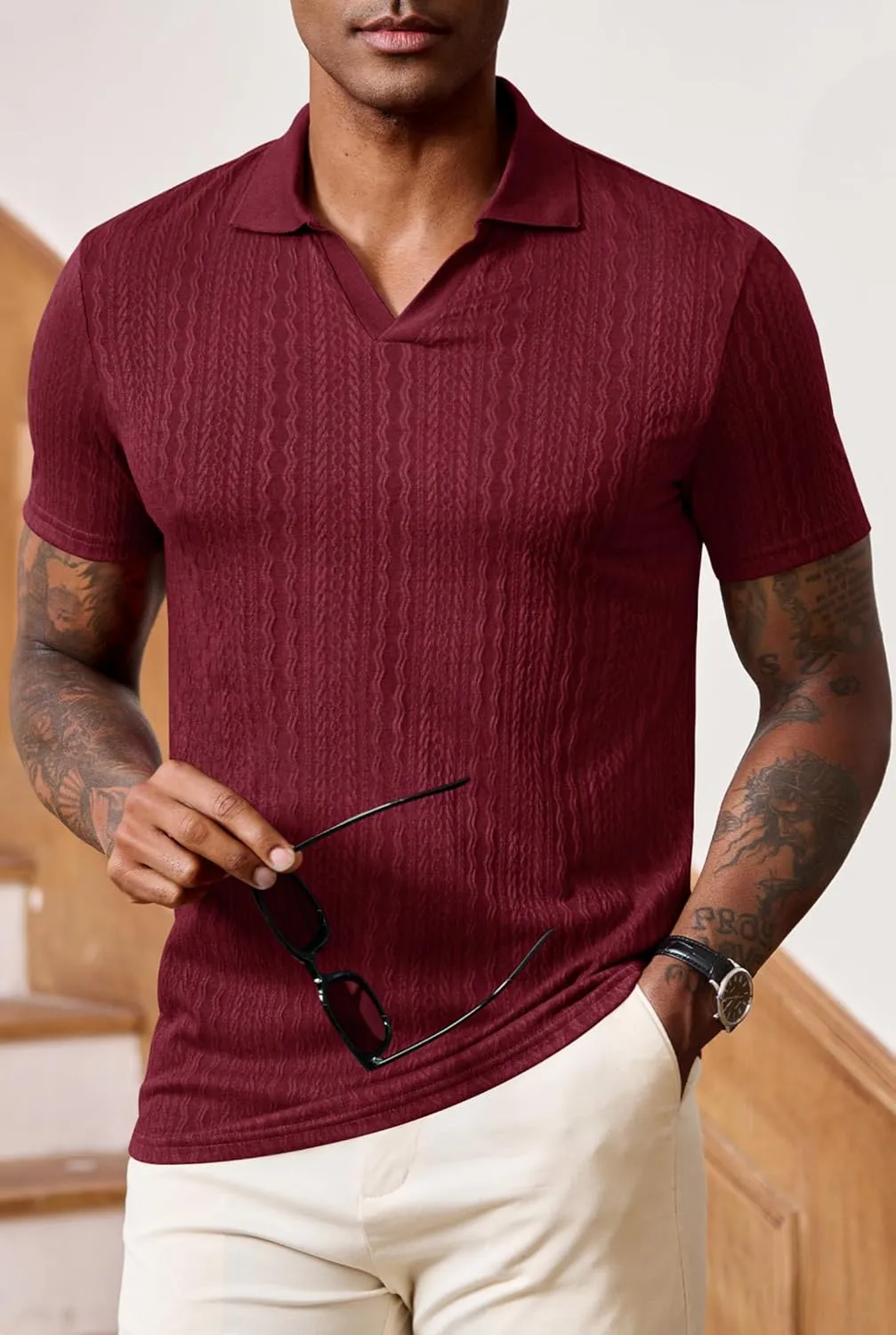 Men Johnny Collar Textured Polo Shirt Cable Knit Stretch Casual Shirts (S-XXL)