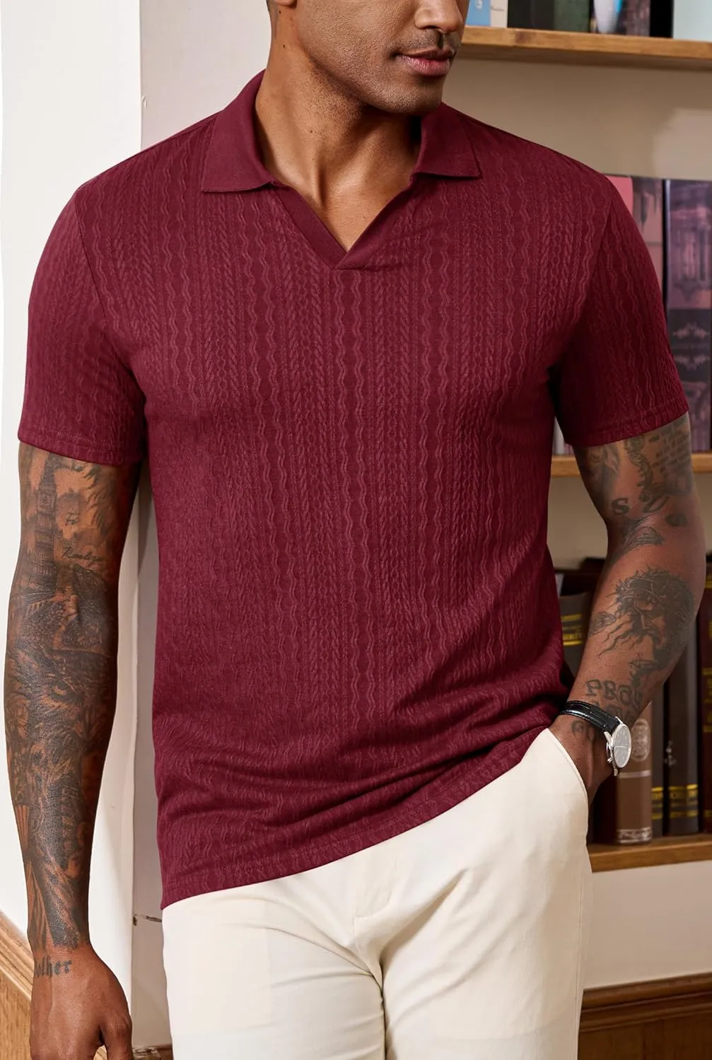 Men Johnny Collar Textured Polo Shirt Cable Knit Stretch Casual Shirts (S-XXL)