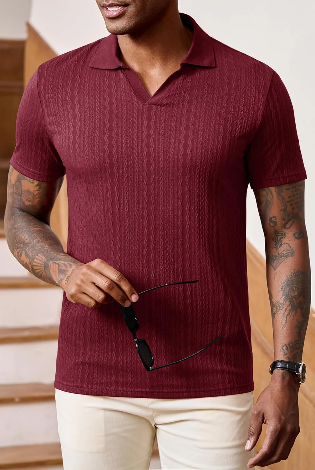 Men Johnny Collar Textured Polo Shirt Cable Knit Stretch Casual Shirts (S-XXL)