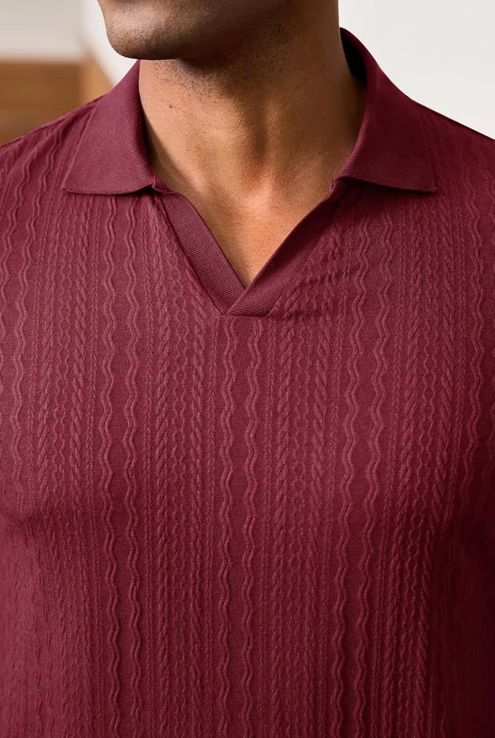 Men Johnny Collar Textured Polo Shirt Cable Knit Stretch Casual Shirts (S-XXL)