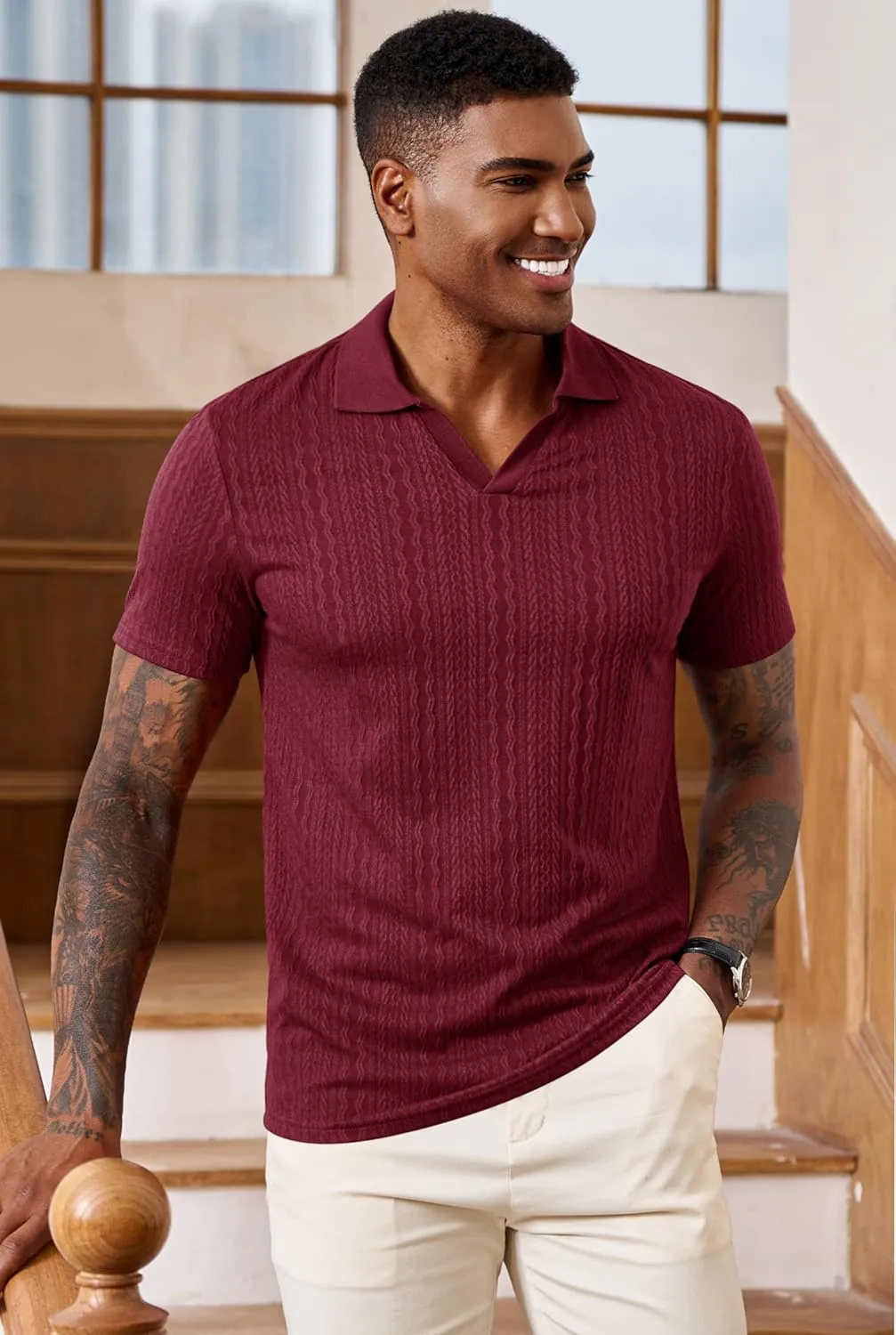 Men Johnny Collar Textured Polo Shirt Cable Knit Stretch Casual Shirts (S-XXL)