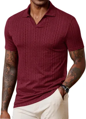 Men Johnny Collar Textured Polo Shirt Cable Knit Stretch Casual Shirts (S-XXL)