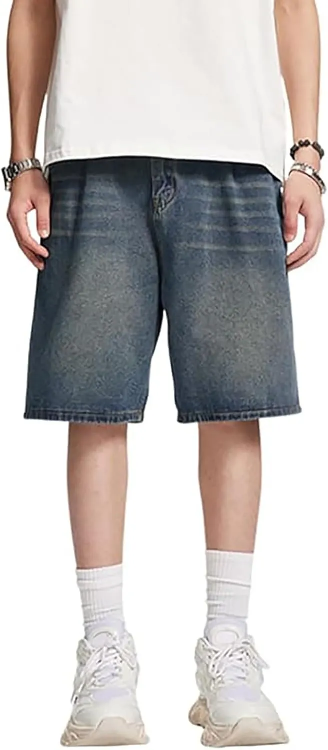 Mens Baggy Jean Shorts Loose Fit Below Knee Denim Shorts Summer Casual Y2K Streetwear Clothes
