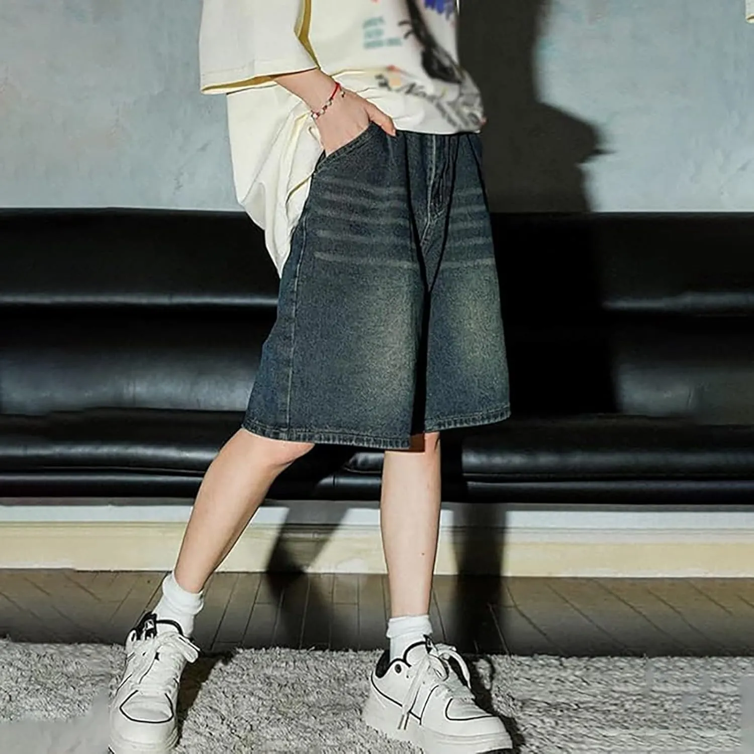 Mens Baggy Jean Shorts Loose Fit Below Knee Denim Shorts Summer Casual Y2K Streetwear Clothes