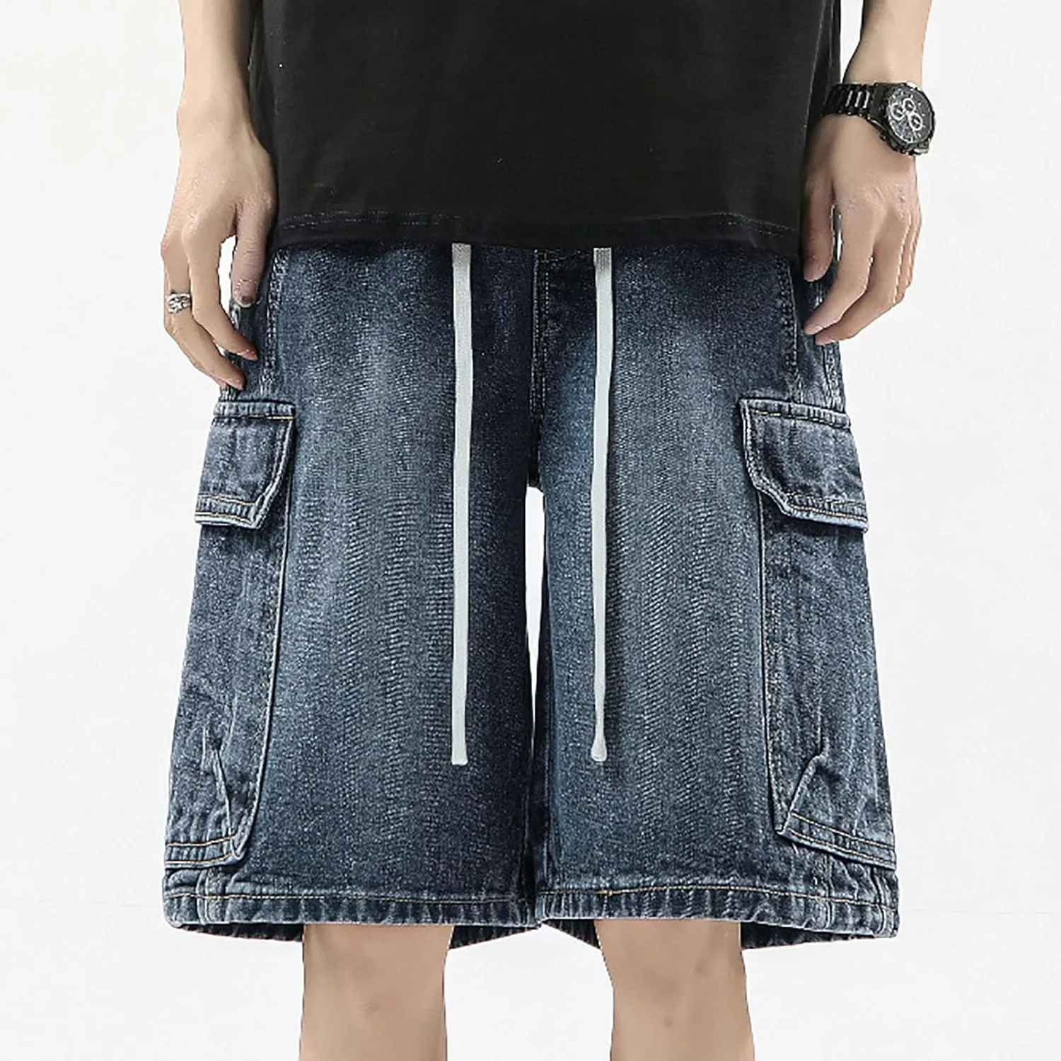Men's Baggy Jean Shorts Loose Fit Mid Denim Shorts Summer Casual Y2K Hip Hop Streetwear Clothes
