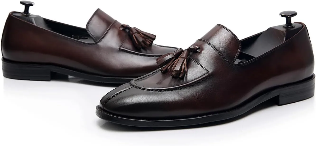 Men's Black Genuine Leather Tassel Loafers - Slip-On Dress Shoes for Casual, Business, Wedding & Prom - Modern Penny Loafers for Suits & Tuxedos