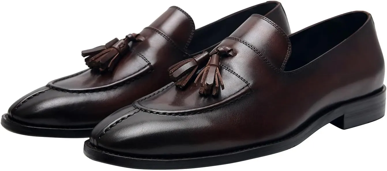 Men's Black Genuine Leather Tassel Loafers - Slip-On Dress Shoes for Casual, Business, Wedding & Prom - Modern Penny Loafers for Suits & Tuxedos