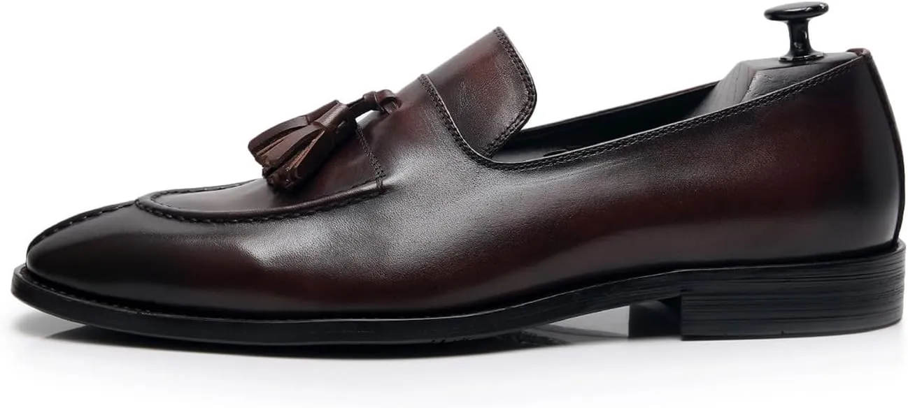 Men's Black Genuine Leather Tassel Loafers - Slip-On Dress Shoes for Casual, Business, Wedding & Prom - Modern Penny Loafers for Suits & Tuxedos