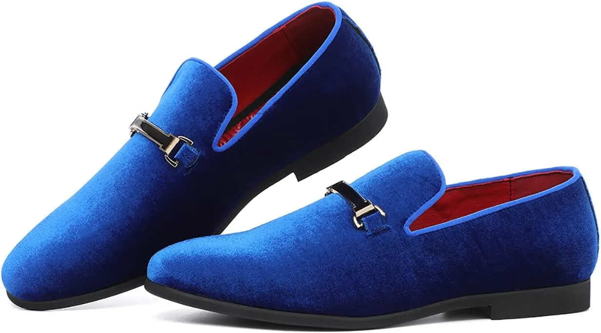 Mens Blue Dress Shoe Prom Velvet Loafers Red Wedding Shoes Horsebit Flat Driving Moccasin Shoes for Men