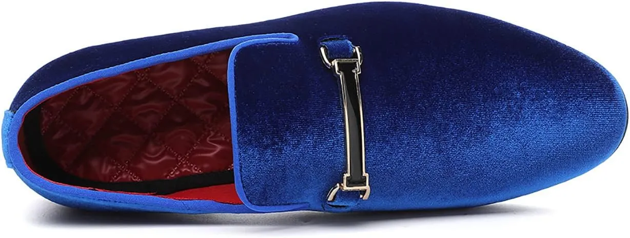Mens Blue Dress Shoe Prom Velvet Loafers Red Wedding Shoes Horsebit Flat Driving Moccasin Shoes for Men