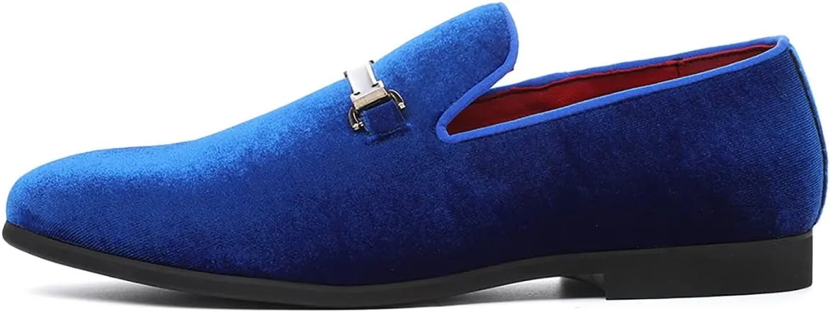 Mens Blue Dress Shoe Prom Velvet Loafers Red Wedding Shoes Horsebit Flat Driving Moccasin Shoes for Men